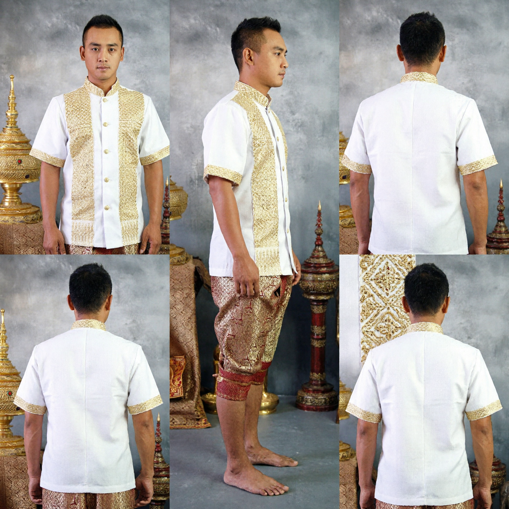 Traditionelles thailändisches Hochzeitskostüm-Set für Männer, goldbesticktes Hemd und Hose für Kulturzeremonien - Asian Costume