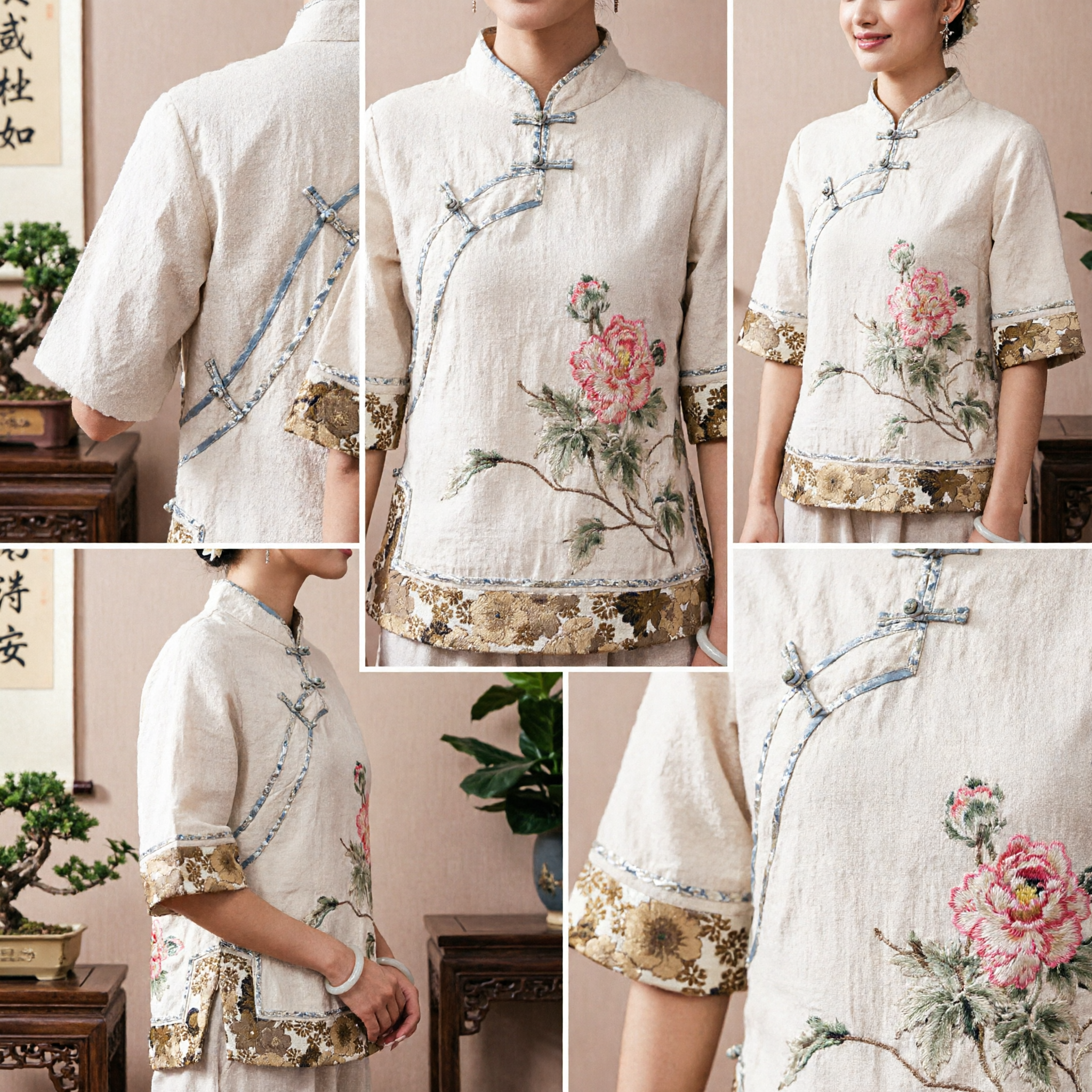 Blusa Tradicional Chinesa Tang Suit para Mulheres Gola Mandarin Bordada Floral de Linho para o Verão - Asian Costume
