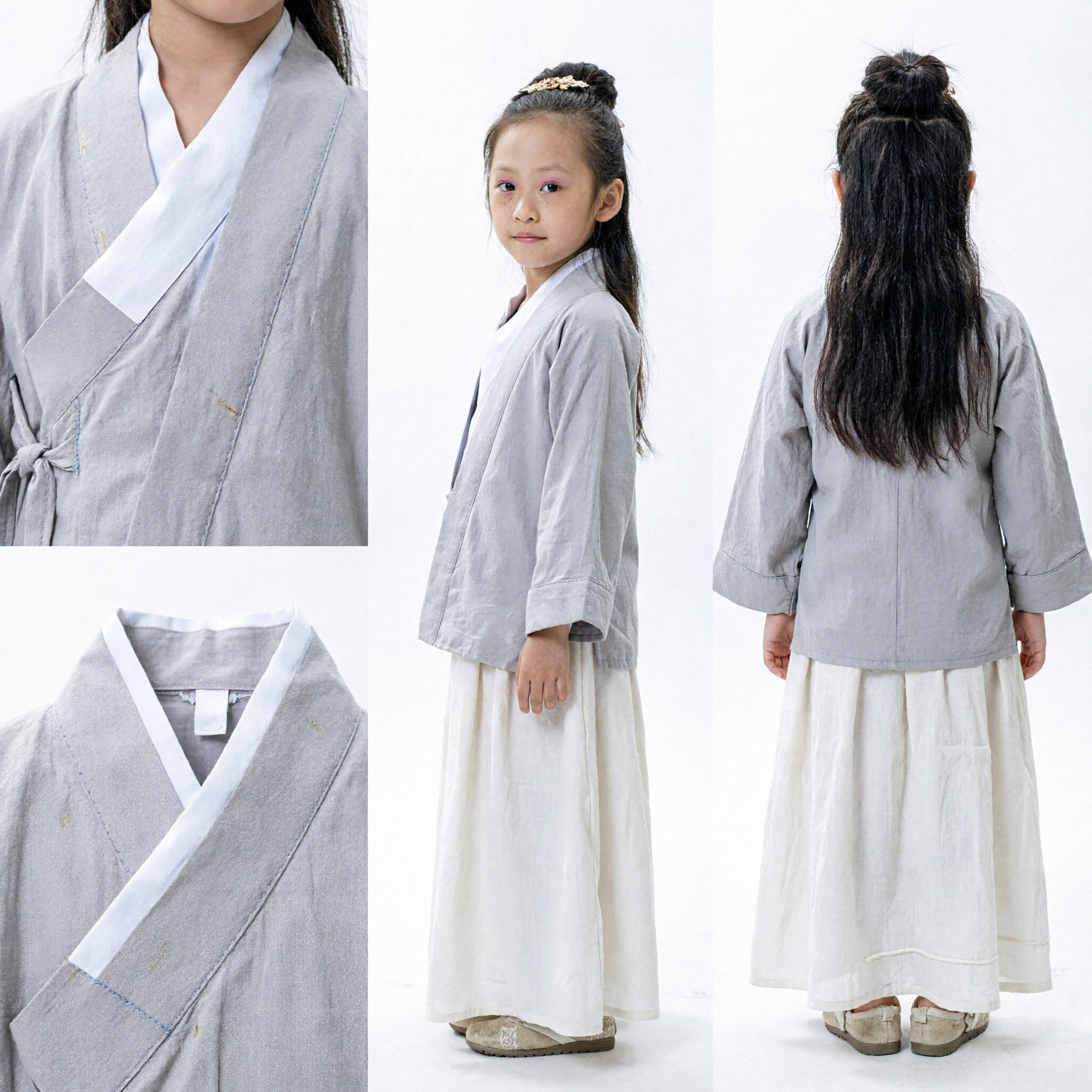 Kids Girls Chinese Hanfu Traditional Linen Costume Ancient Scholar Robe Outfit for Photography and Performance - Asian Costume