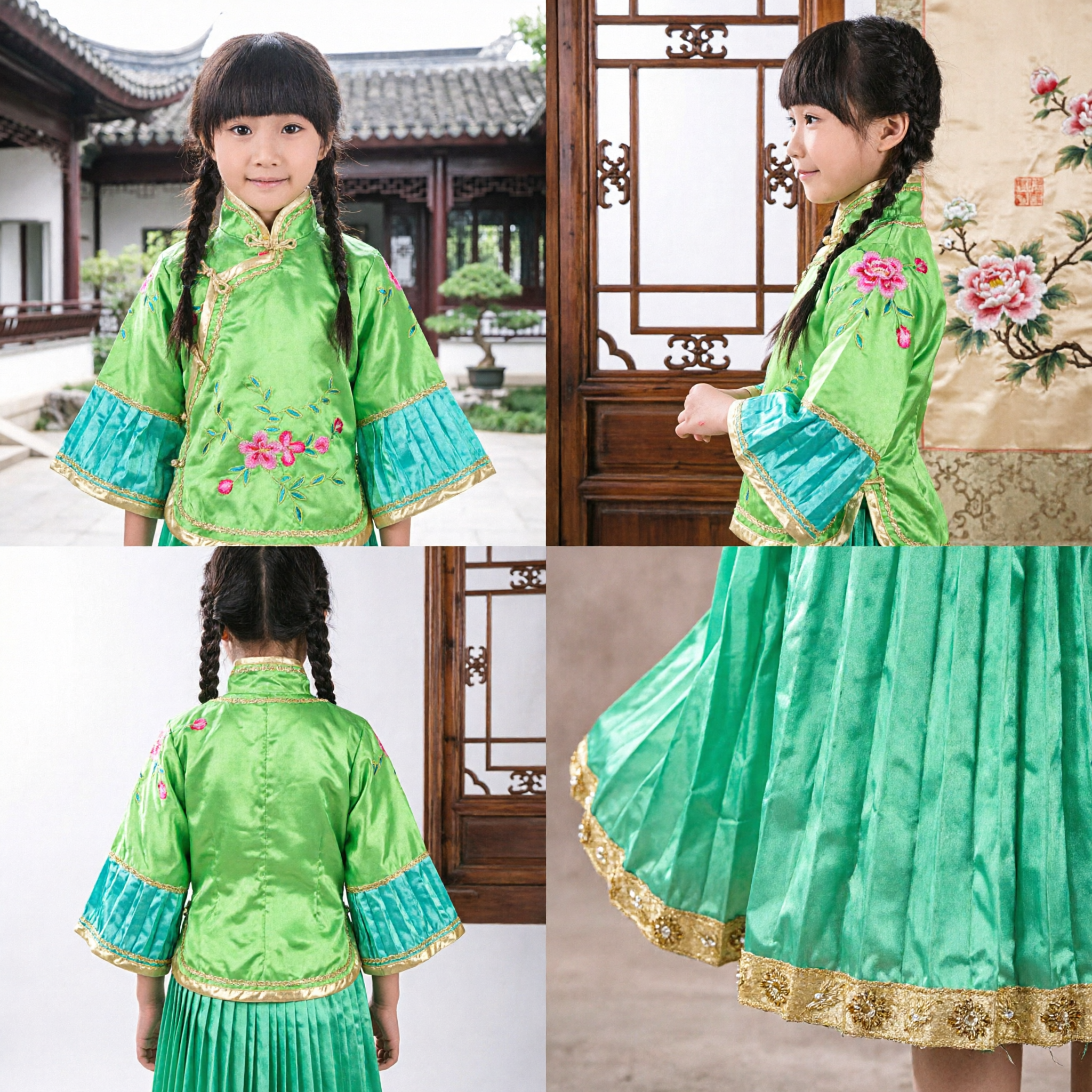 Traje de Dança Chinês Tradicional Verde para Meninas Vestido Tang Suit Bordado para Crianças Performance Folclórica e Palco - Asian Costume