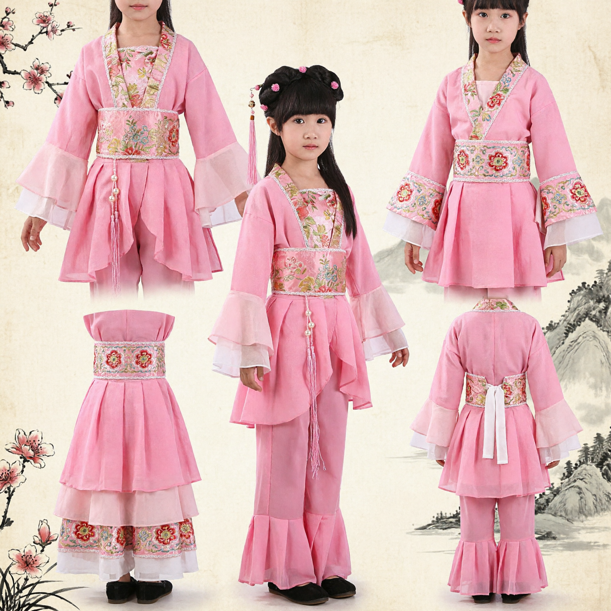Traditionelles chinesisches rosa Hanfu-Tanzkostüm für Mädchen, antiker Stil Volkstanz-Outfit mit floraler Stickerei - Asian Costume