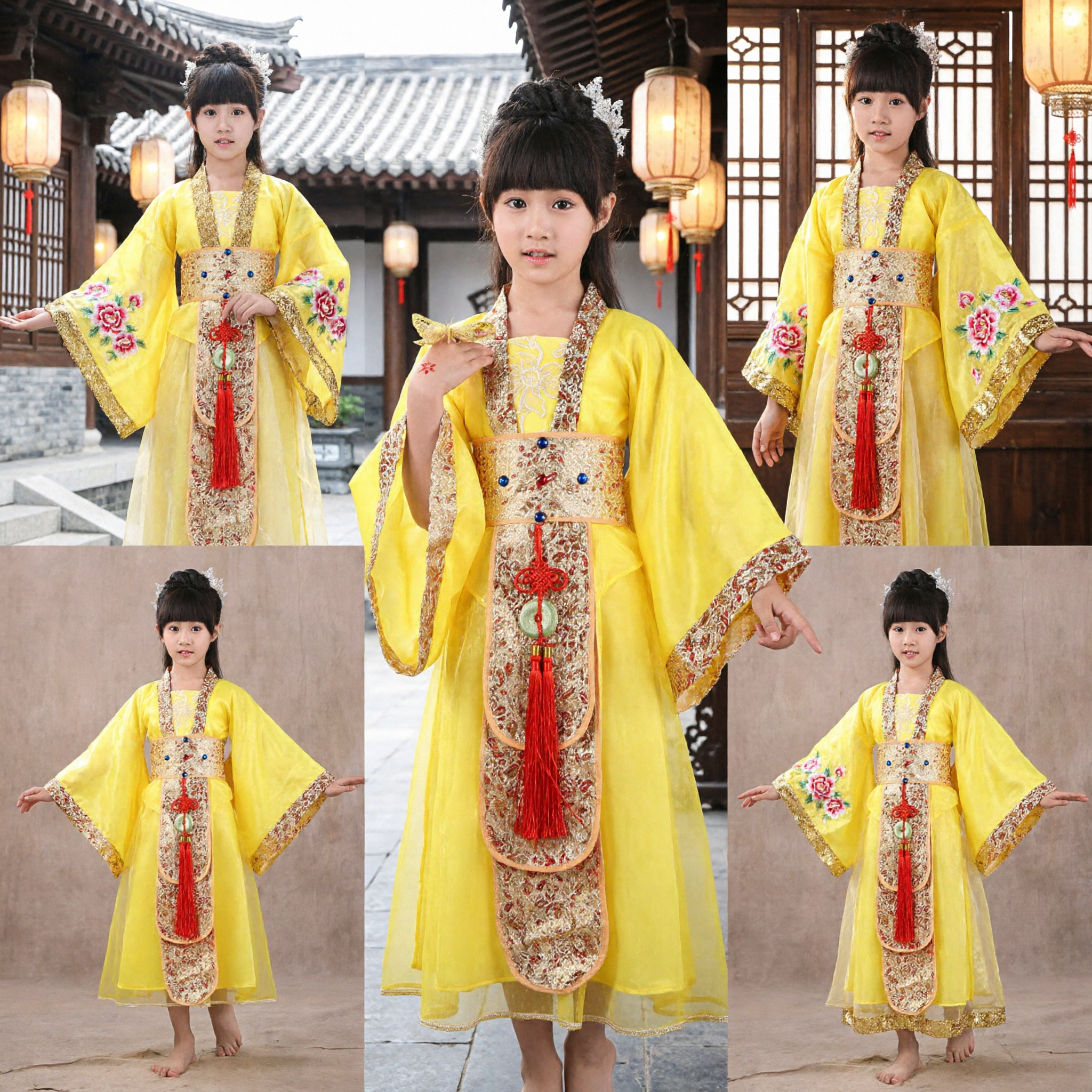 Costume traditionnel chinois Hanfu jaune pour filles enfants, robe ancienne de princesse de la dynastie Tang pour spectacle - Asian Costume