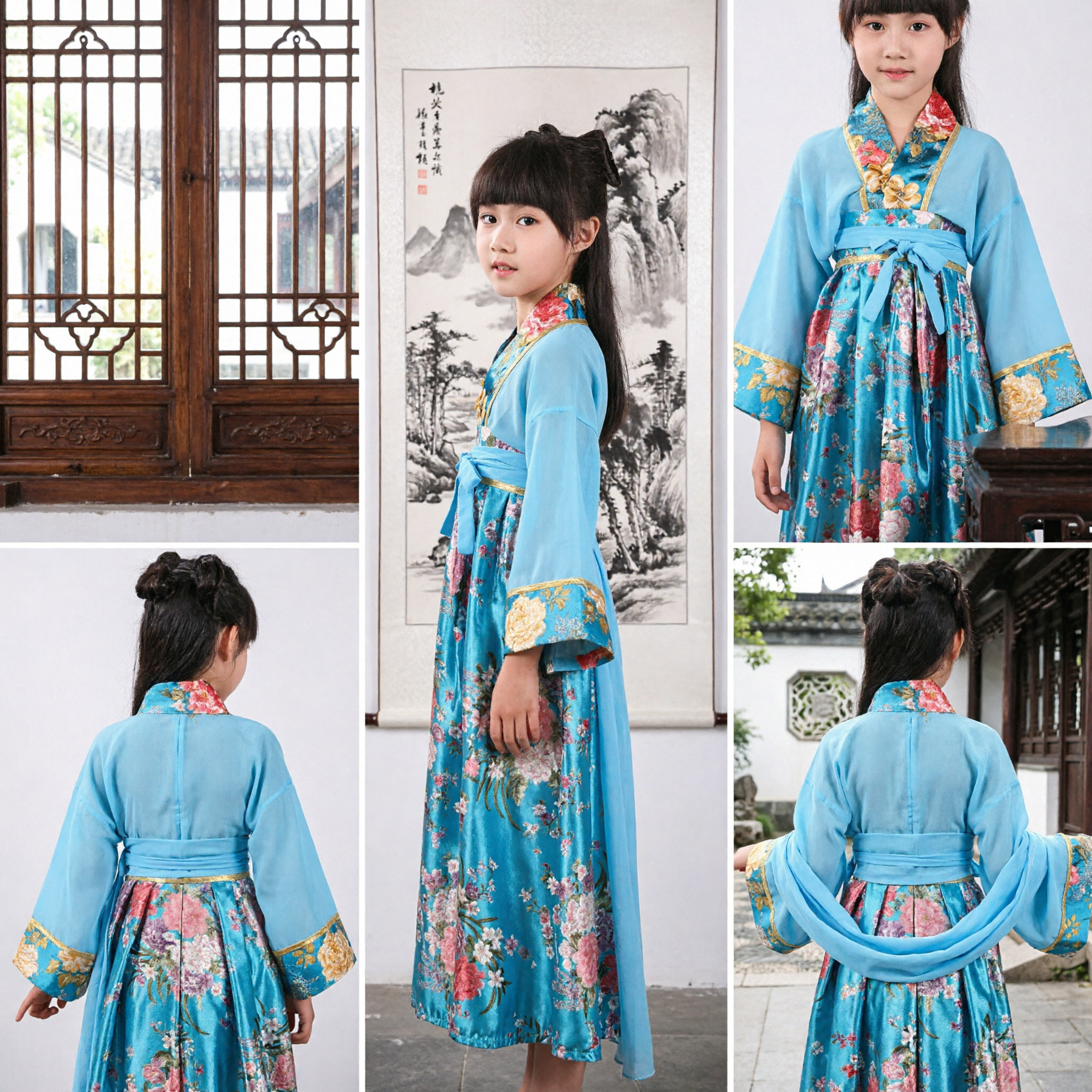 Oude Chinese Tang-dynastie Hanfu-kostuum voor Meisjes Blauwe Bloemen Prinsesjurk Kinderen Optredenkleding - Asian Costume