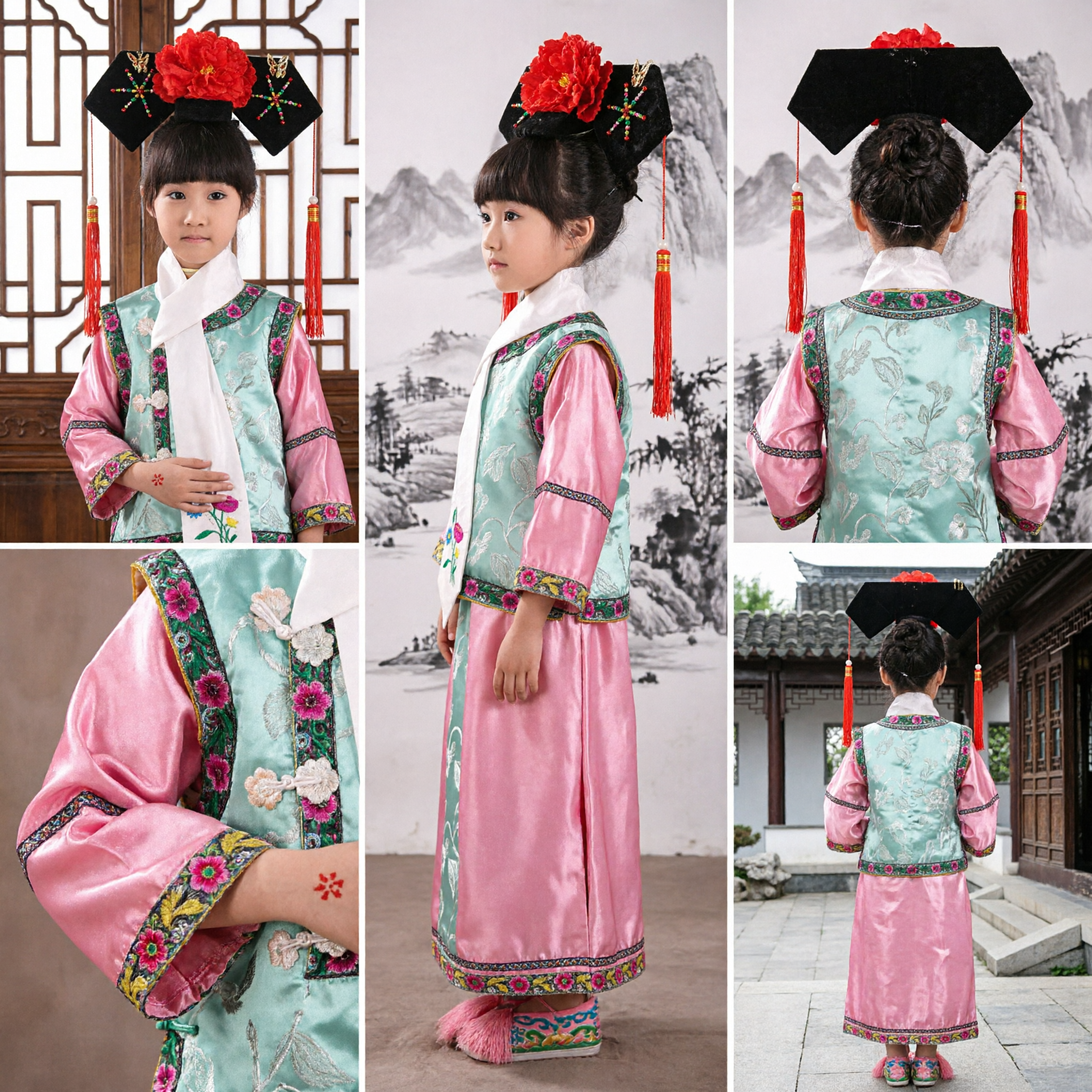 Traditionelles chinesisches Qing-Dynastie Prinzessinnenkostüm für Mädchen, rosa und türkis besticktes Palastkleid für Kinderauftritte und Cosplay - Asian Costume
