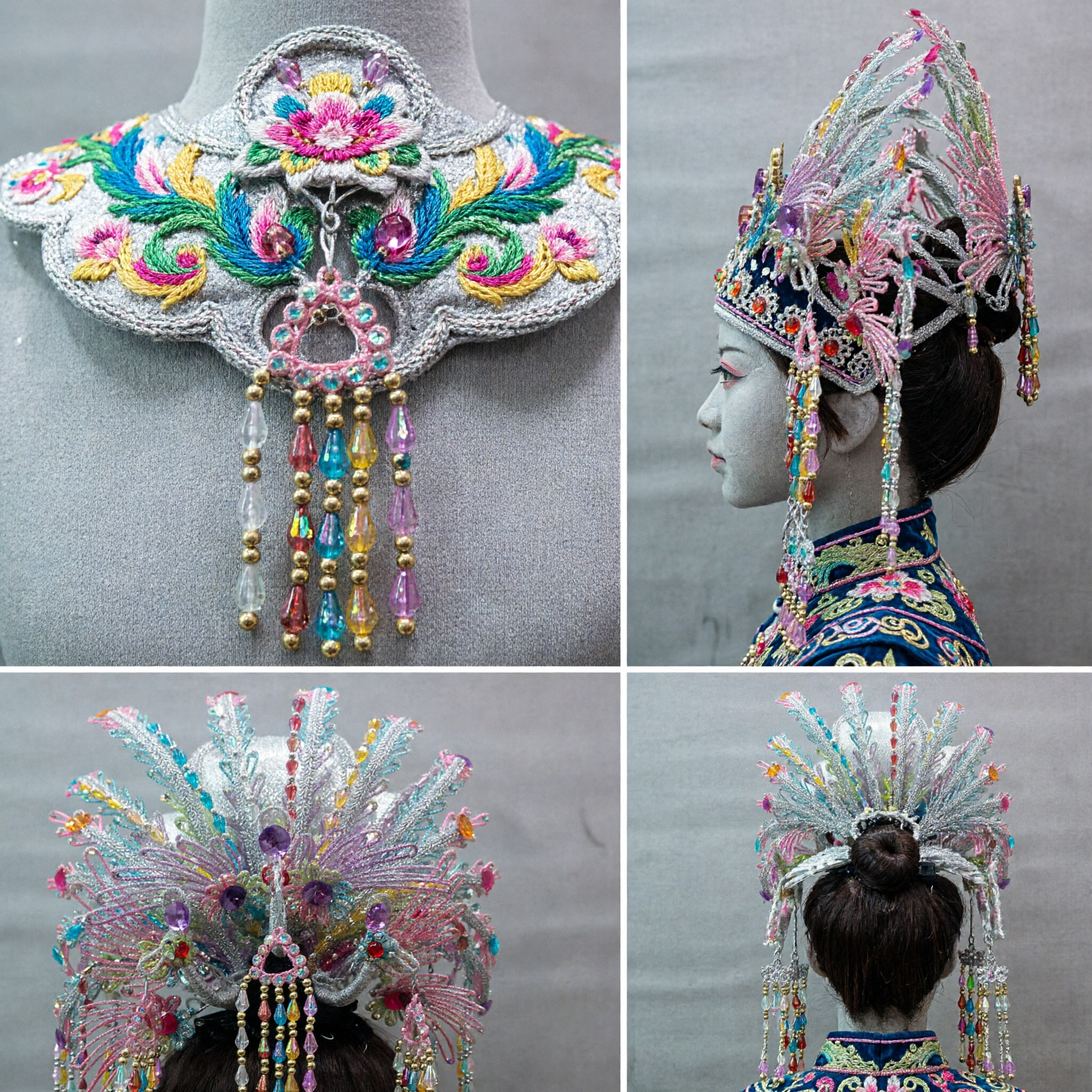 Couronne de phénix d'opéra traditionnel chinois avec plumes perlées colorées pour danse et spectacle scénique - Asian Costume