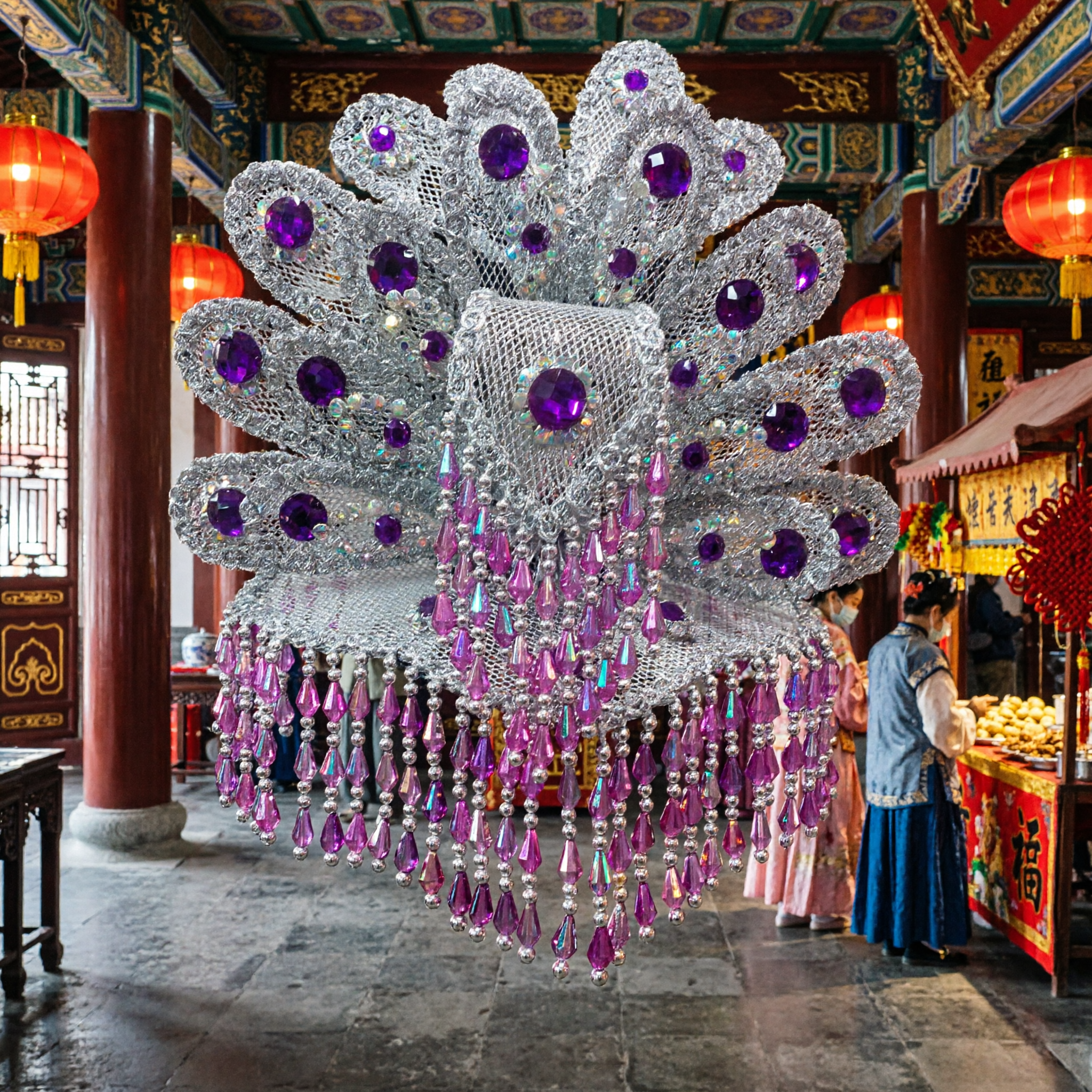 Deslumbrante Tiara de Pavão Roxa e Prata com Strass e Franjas de Miçangas para Carnaval e Dança no Palco - Asian Costume