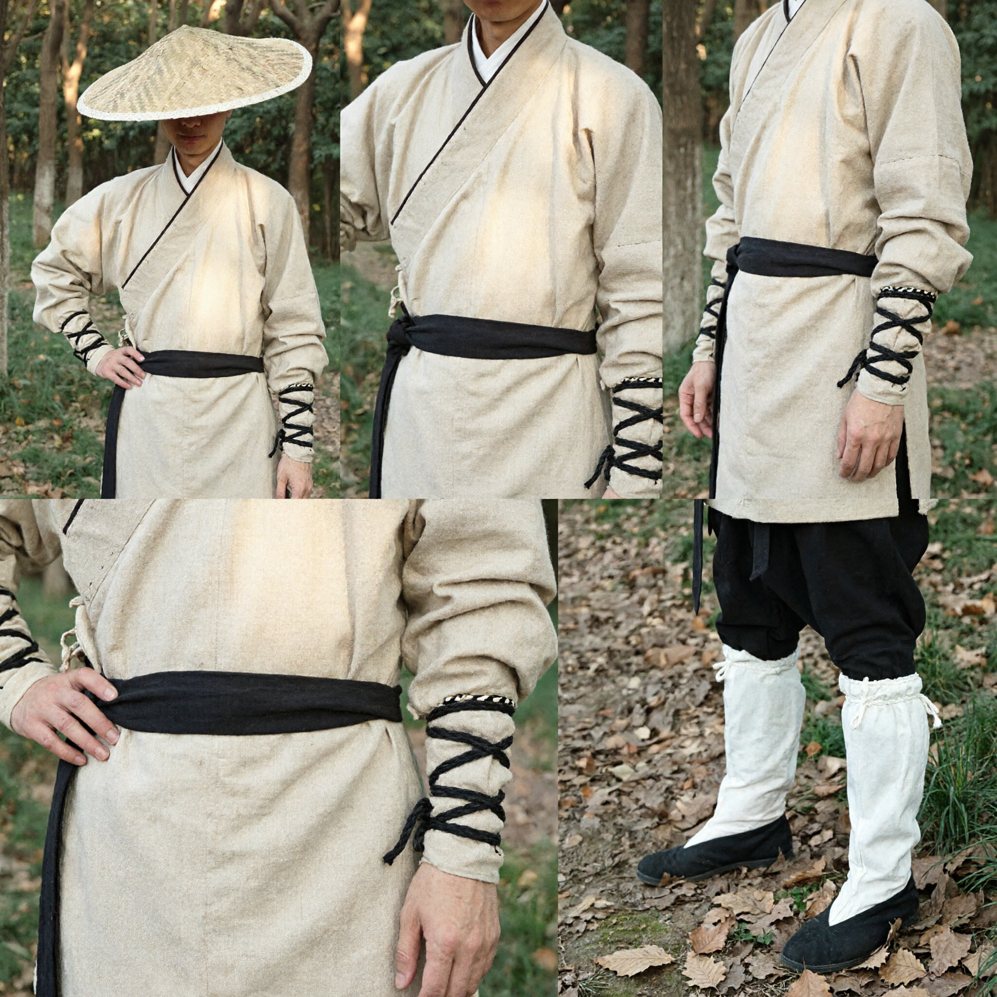 Antikes chinesisches Kung-Fu-Kostüm für Männer, traditionelles Kampfkunst-Bürger-Outfit mit Strohhut - Asian Costume