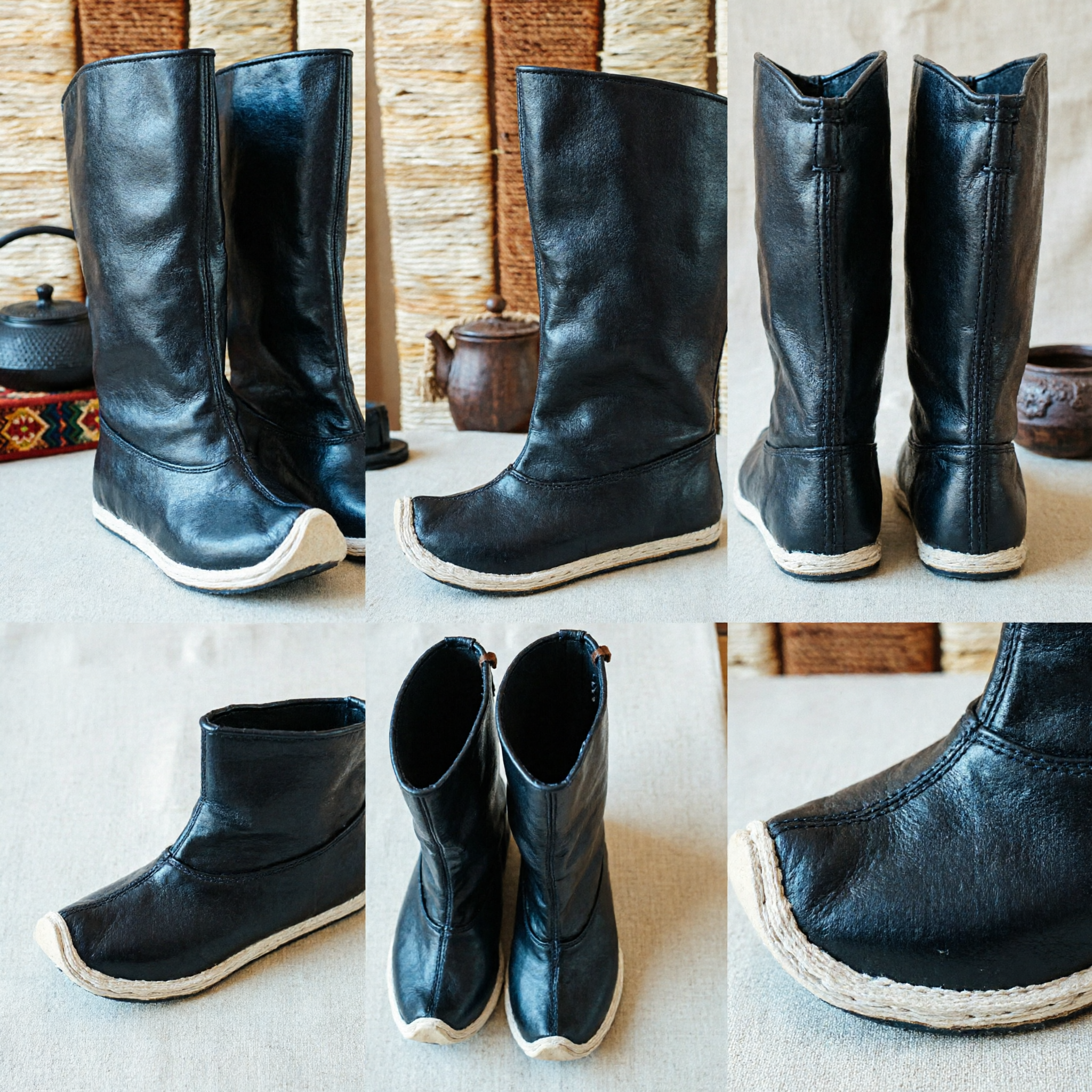 伝統的中国風黒革ブーツ 古代戦士モンゴルスタイル カンフーコスプレ衣装シューズ メンズ - Asian Costume