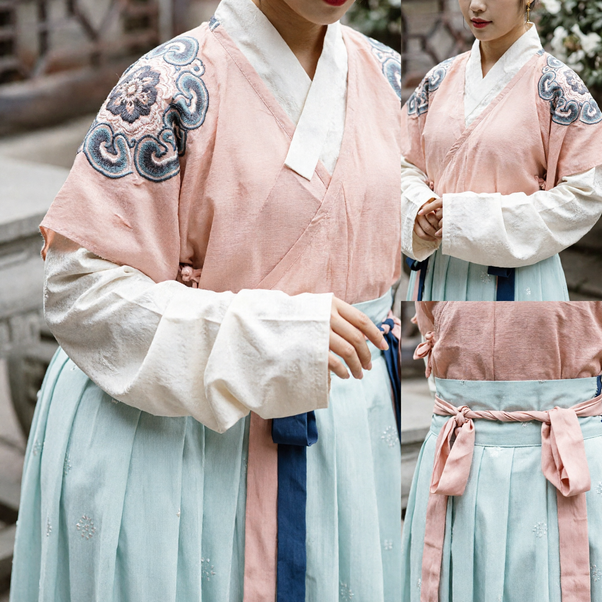 Elegante Vestido Tradicional Coreano Hanbok para Mujer, Jeogori Rosa Bordado con Chima Verde Pálido para Traje Histórico - Asian Costume