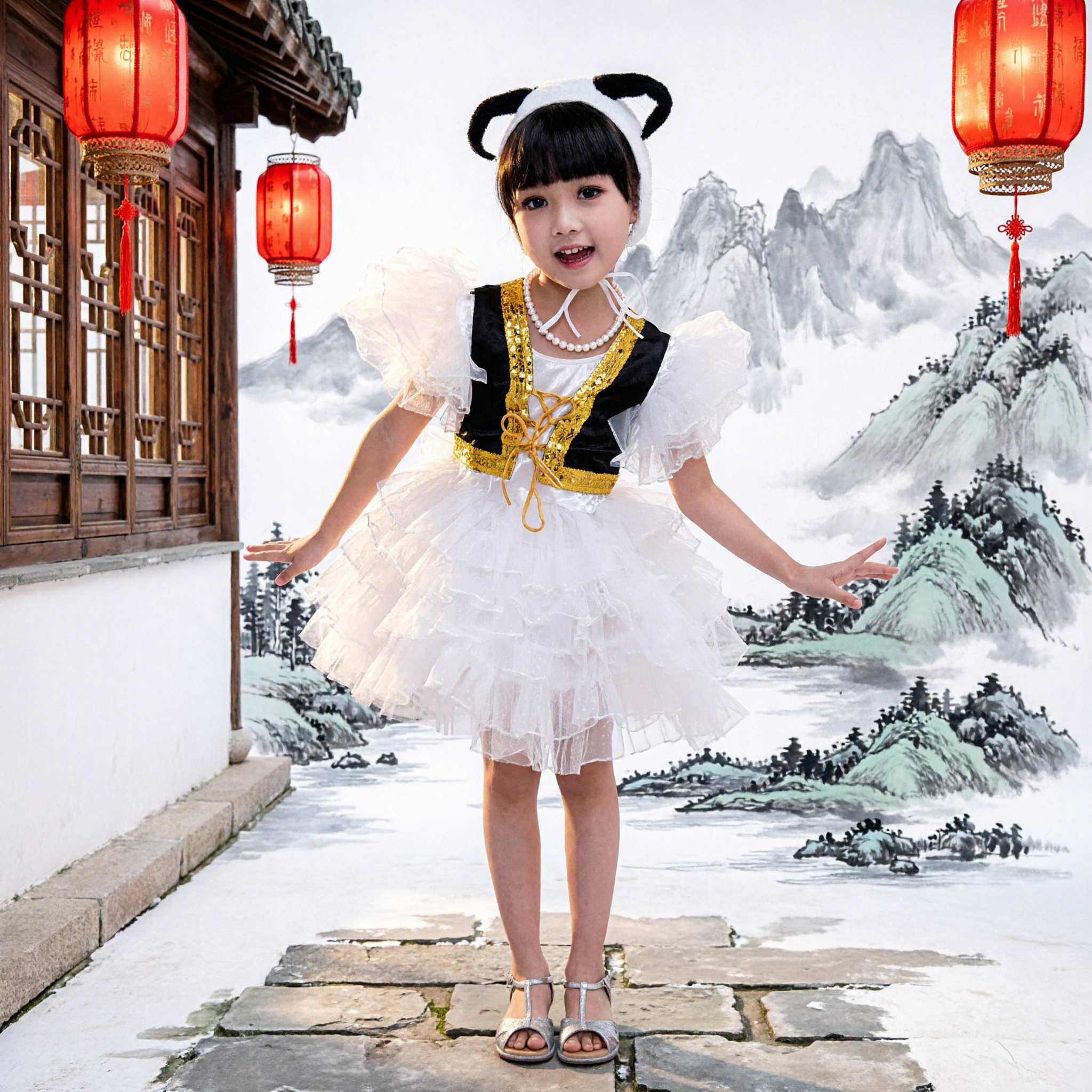 Mädchen-Panda-Bühnenkostüm, weißes Rüschenkleid mit schwarzer Weste, Tier-Tanz-Outfit für Kinder - Asian Costume