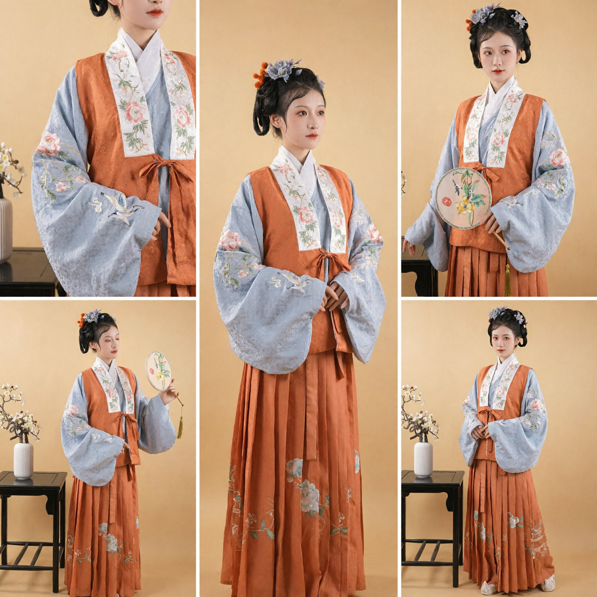 Traditional Chinese Hanfu Clothing Set Ming Dynasty Style Orange Embroidered Vest and Pleated Skirt for Women Ancient Costume - Asian Costume