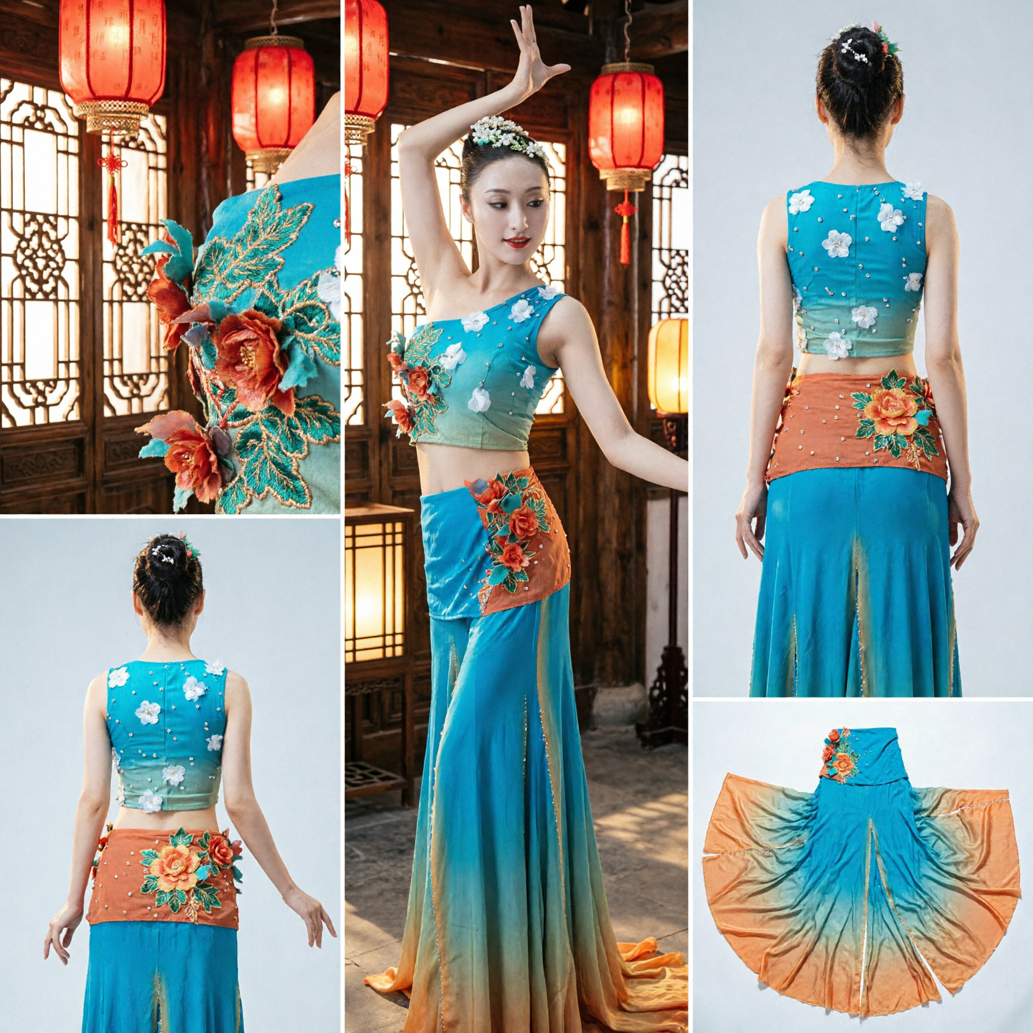 Costume da Danza della Peacock del Gruppo Etnico Dai per Donne, Top Monospalla Blu, Gonna Lunga Sfumata, Abbigliamento per Spettacoli - Asian Costume