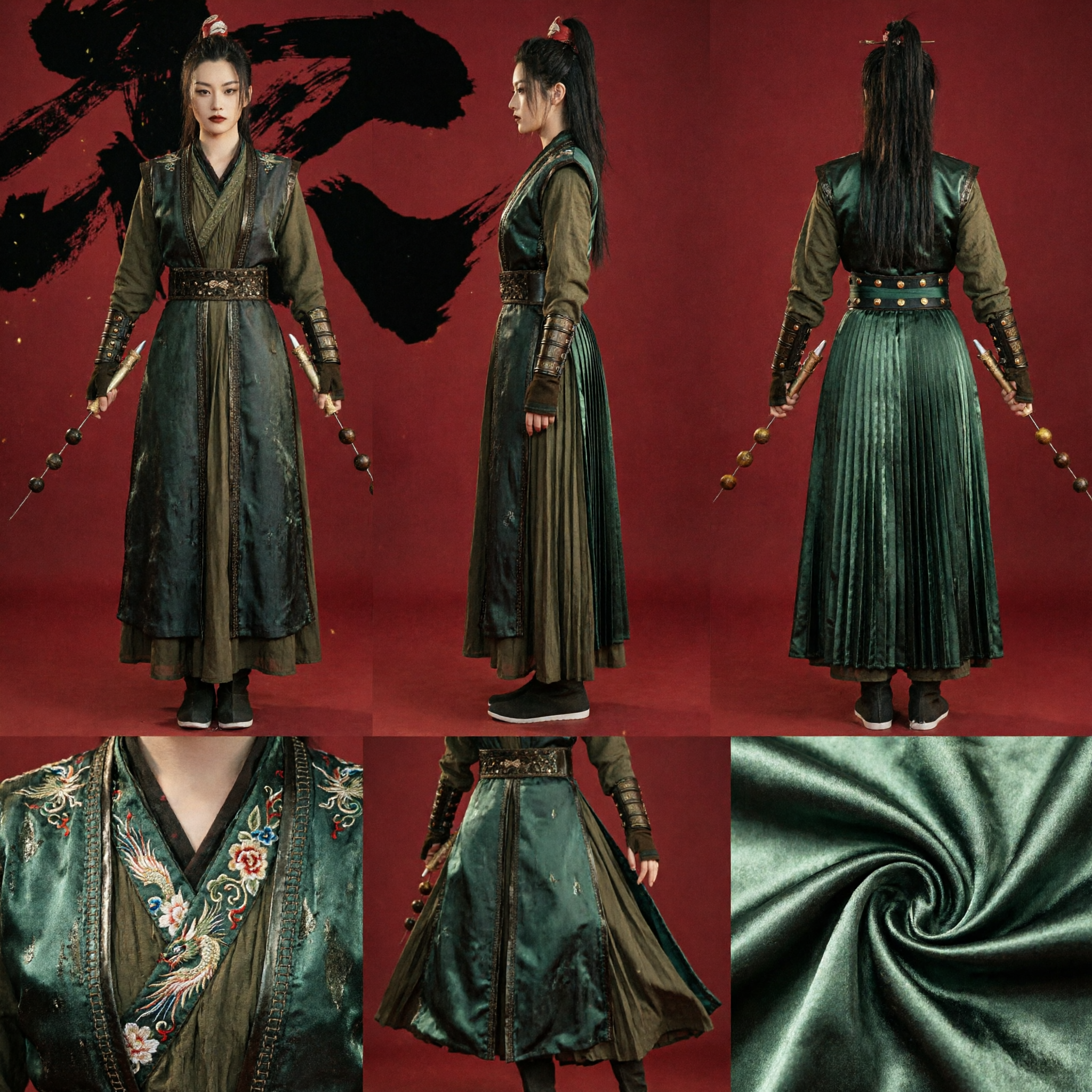 Ancient Chinese Wuxia Swordswoman Costume Dark Green Hanfu Knight Errant Warrior Outfit for Women Cosplay - Asian Costume