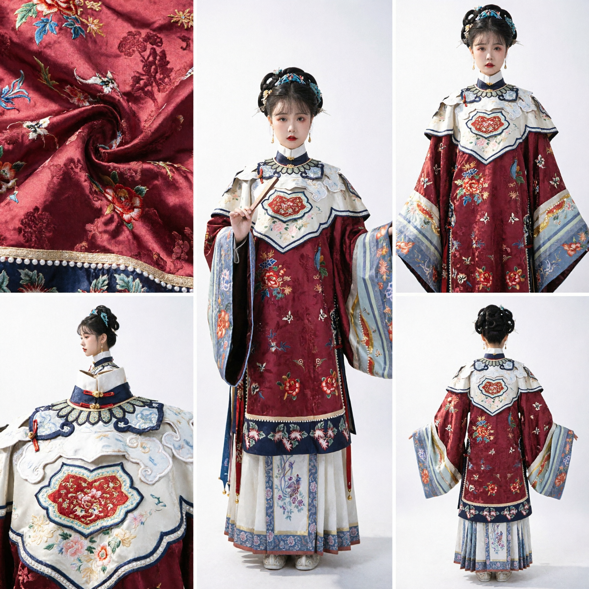 伝統中国明王朝漢服衣装 女性用 刺繍ワインレッドローブ 雲襟付き - Asian Costume