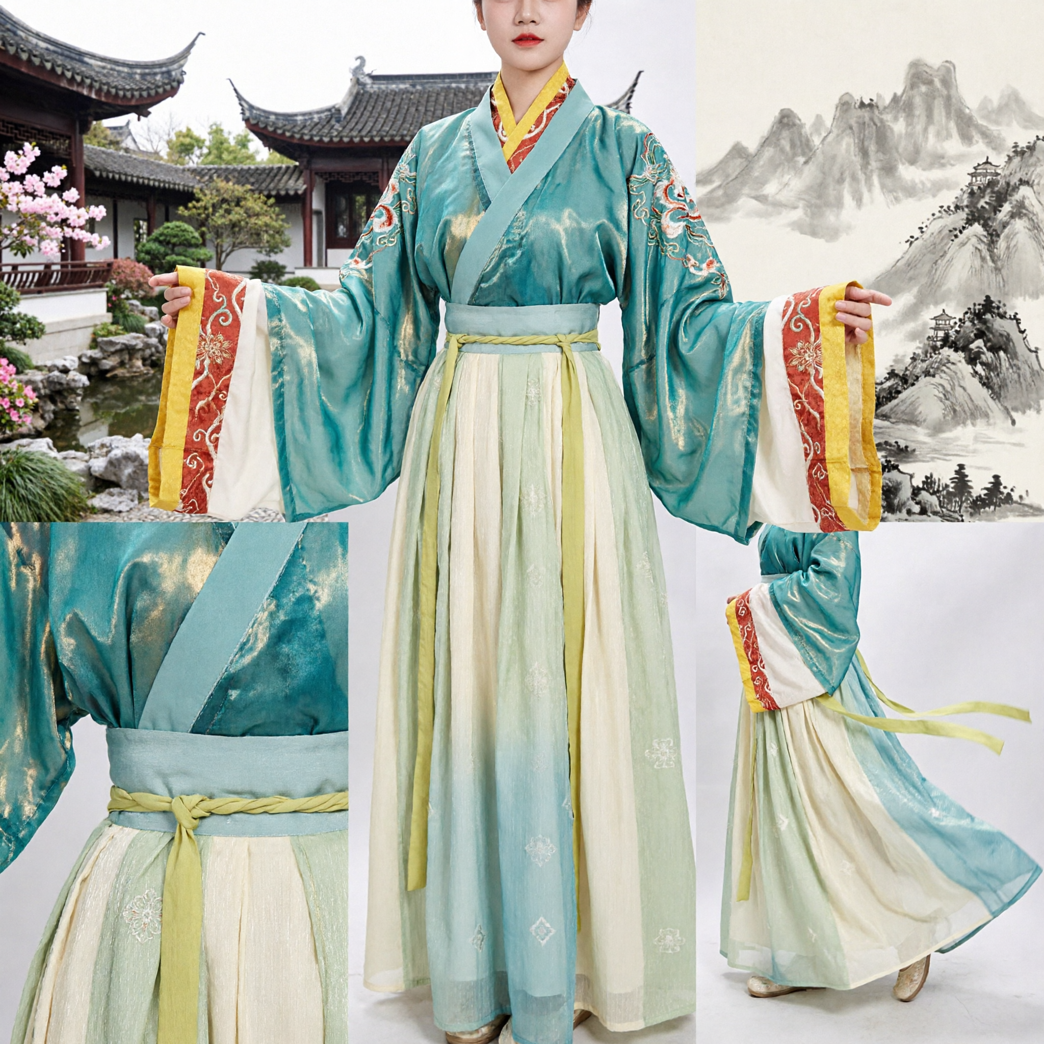Damska Starożytna Chińska Suknia Hanfu w Stylu z Dynastii Tang Turkusowo-Zielony Tradycyjny Strój na Występy Sceniczne - Asian Costume