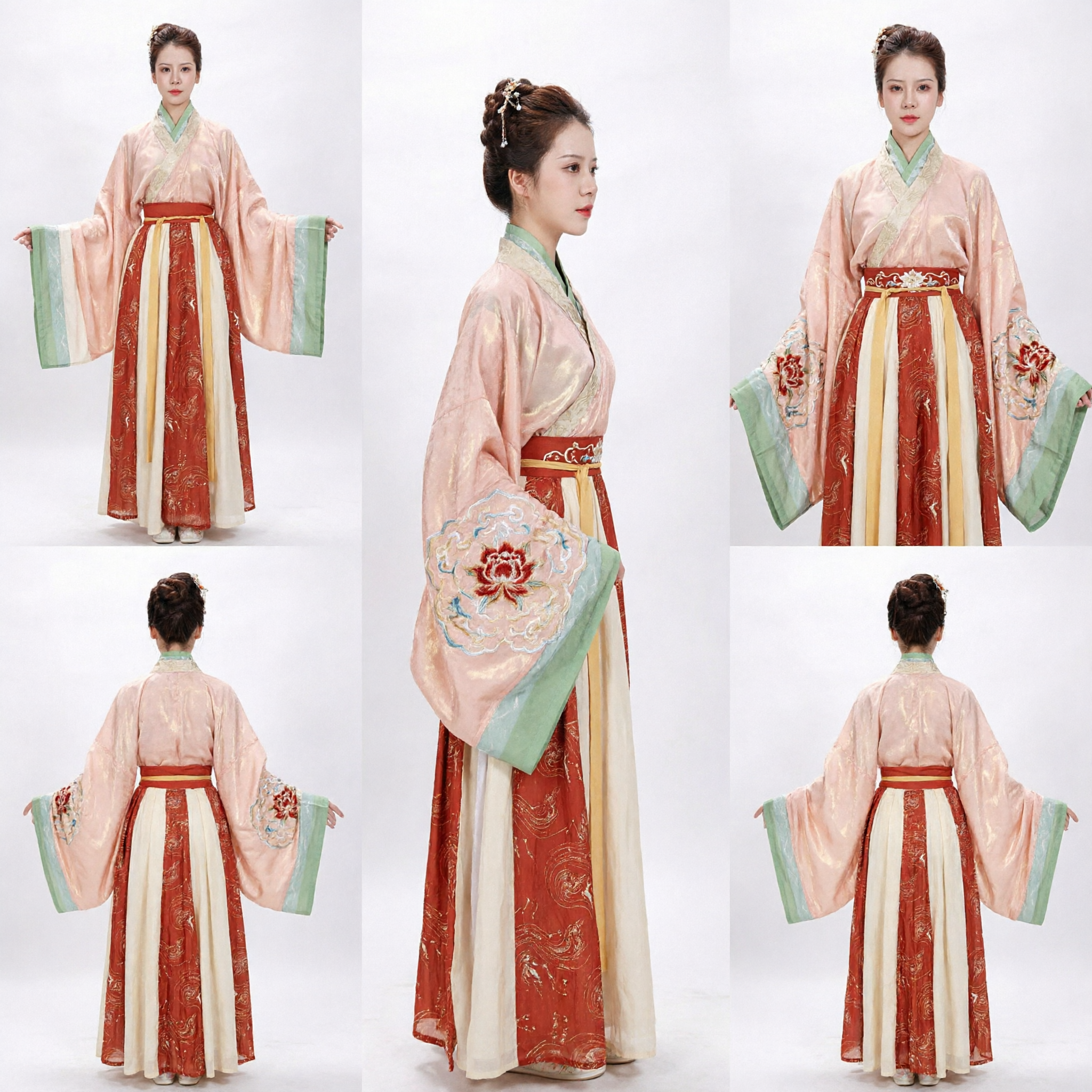 Traje Tradicional Chinês Hanfu, Vestido de Dama do Palácio da Antiga Dinastia Tang, Blusa Rosa e Saia Vermelha para Mulheres - Asian Costume