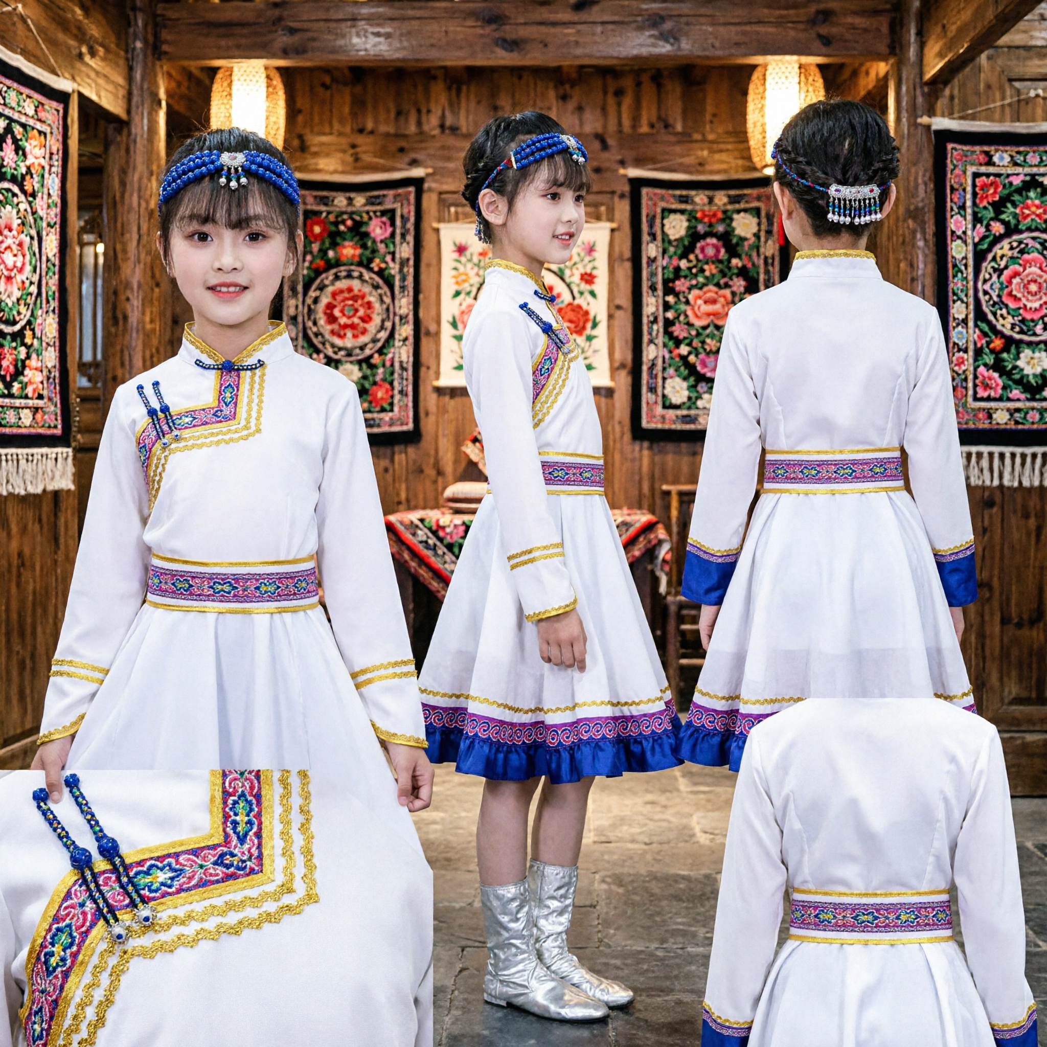 Traditionelles Chinesisches Mongolisch Ethnisches Tanzkostüm für Mädchen Kinder Weiß Blau Volkstracht Auftrittskleid - Asian Costume