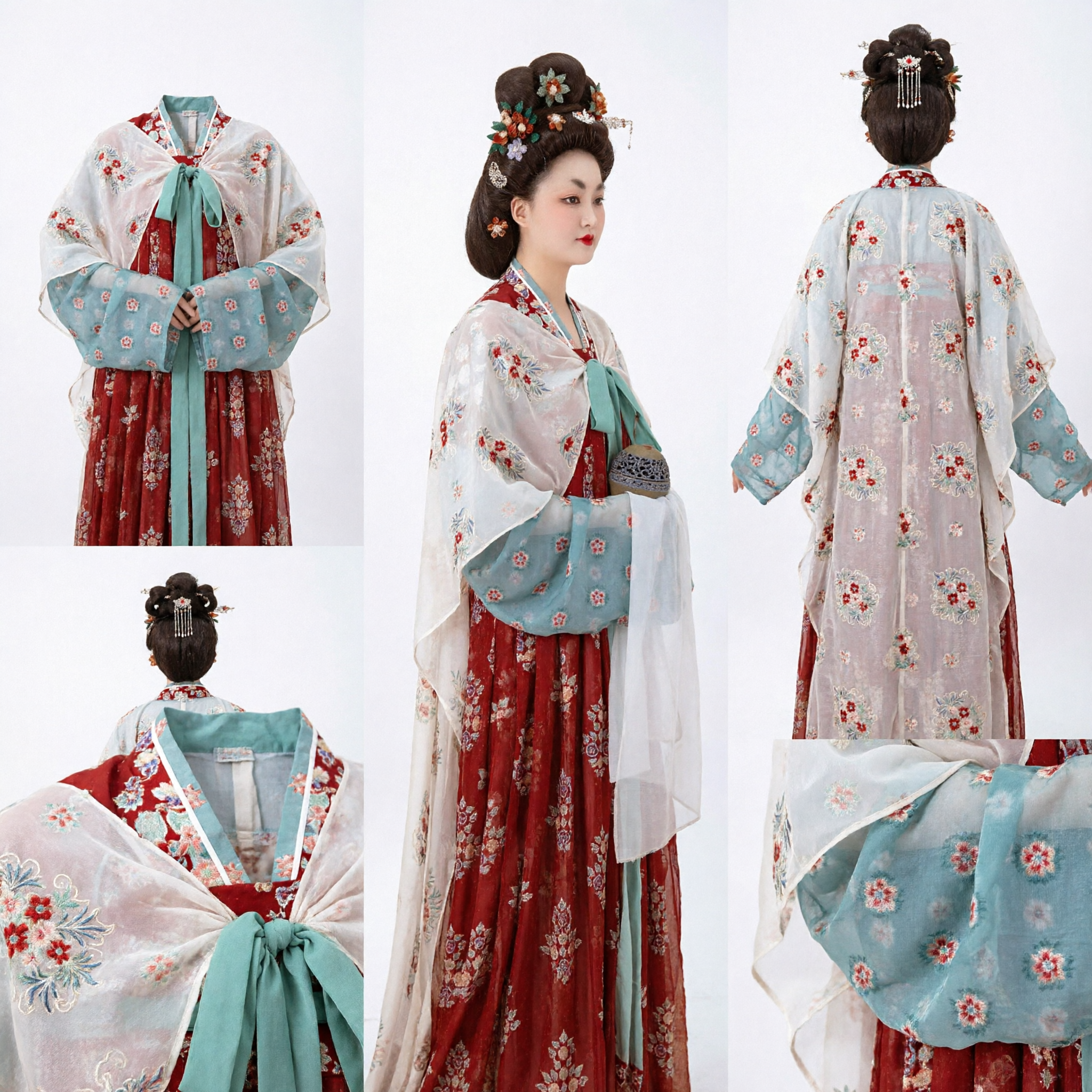 Tradycyjny Chiński Strój Hanfu z Dynastii Tang dla Kobiet Starożytna Suknia Damy Pałacowej Czerwona Spódnica z Kwiatami Prześwitująca Szata - Asian Costume