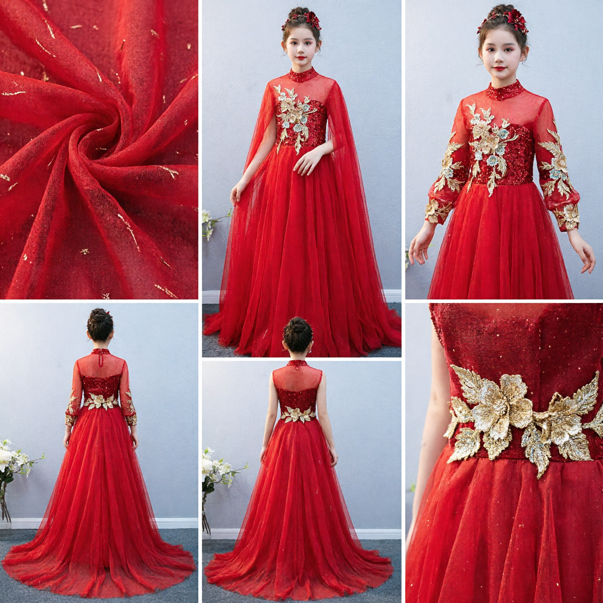 Abito da Sera Formale Rosso per Bambina con Mantella Trasparente e Ricamo Floreale Oro per Cerimonie Nuziali - Asian Costume