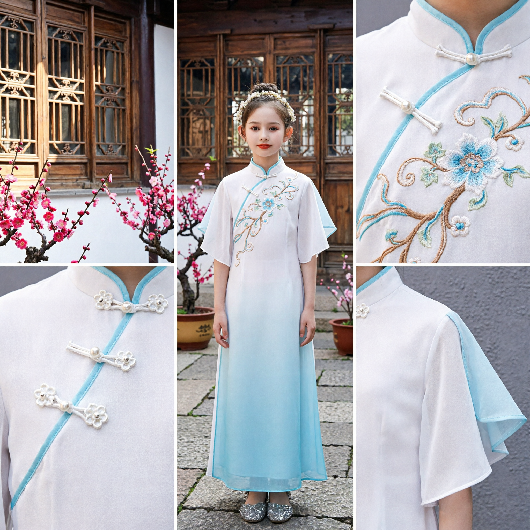 Robe Hanfu Traditionnelle Chinoise Élégante pour Filles Costume Qipao Dégradé Bleu Blanc pour Spectacle - Asian Costume