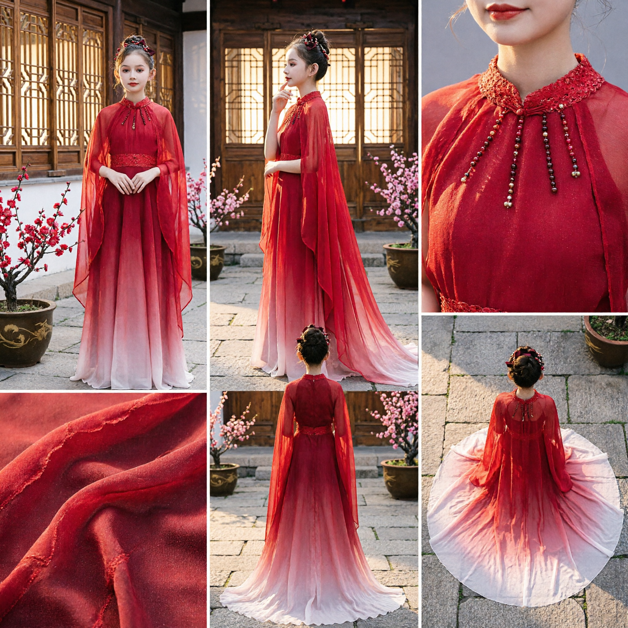 Vestido Longo de Chiffon Ombré Vermelho para Meninas, Traje Tradicional Chinês para Apresentações no Palco e Cerimônias - Asian Costume