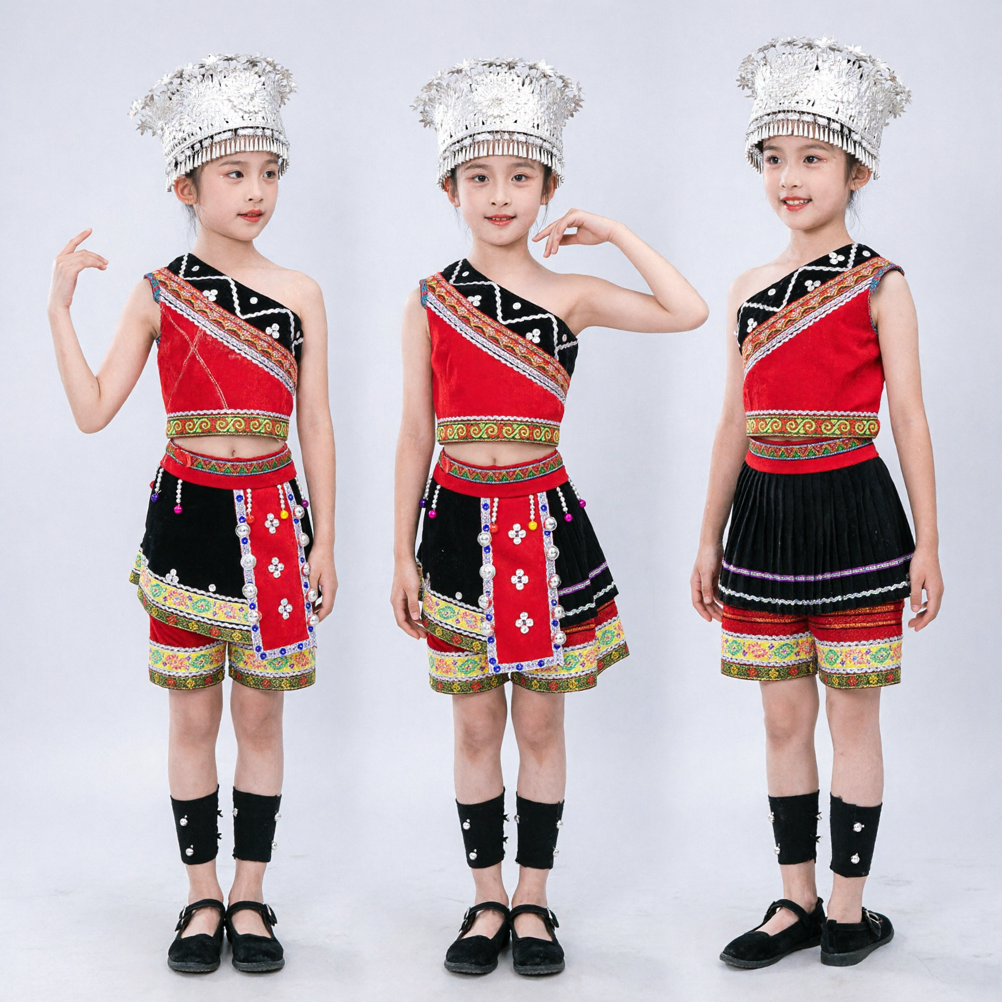 Kinderen Chinese Miao Etnische Folk Dans Kostuum Meisjes Traditionele Minderheid Podiumoptreden Jurk Outfit met Zilveren Hoed - Asian Costume