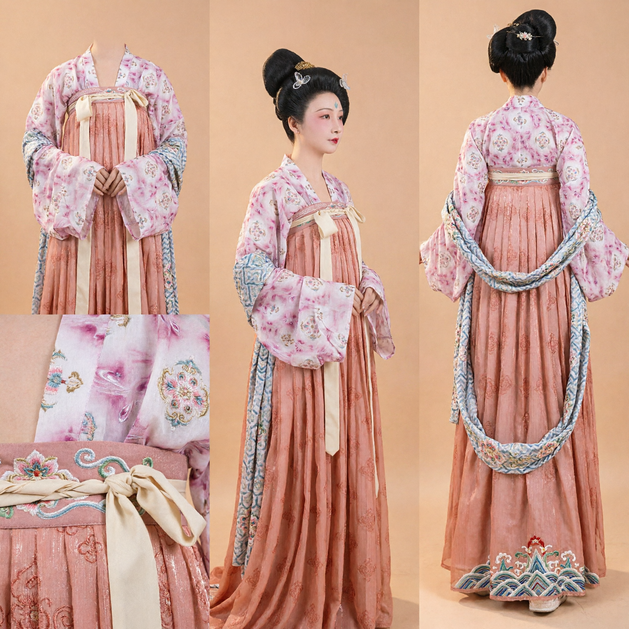 Traditionele Chinese Tang Dynastie Hanfu Kostuum Antieke Prinses Jurk Roze Bloementop Perzik Rok Set voor Vrouwen - Asian Costume