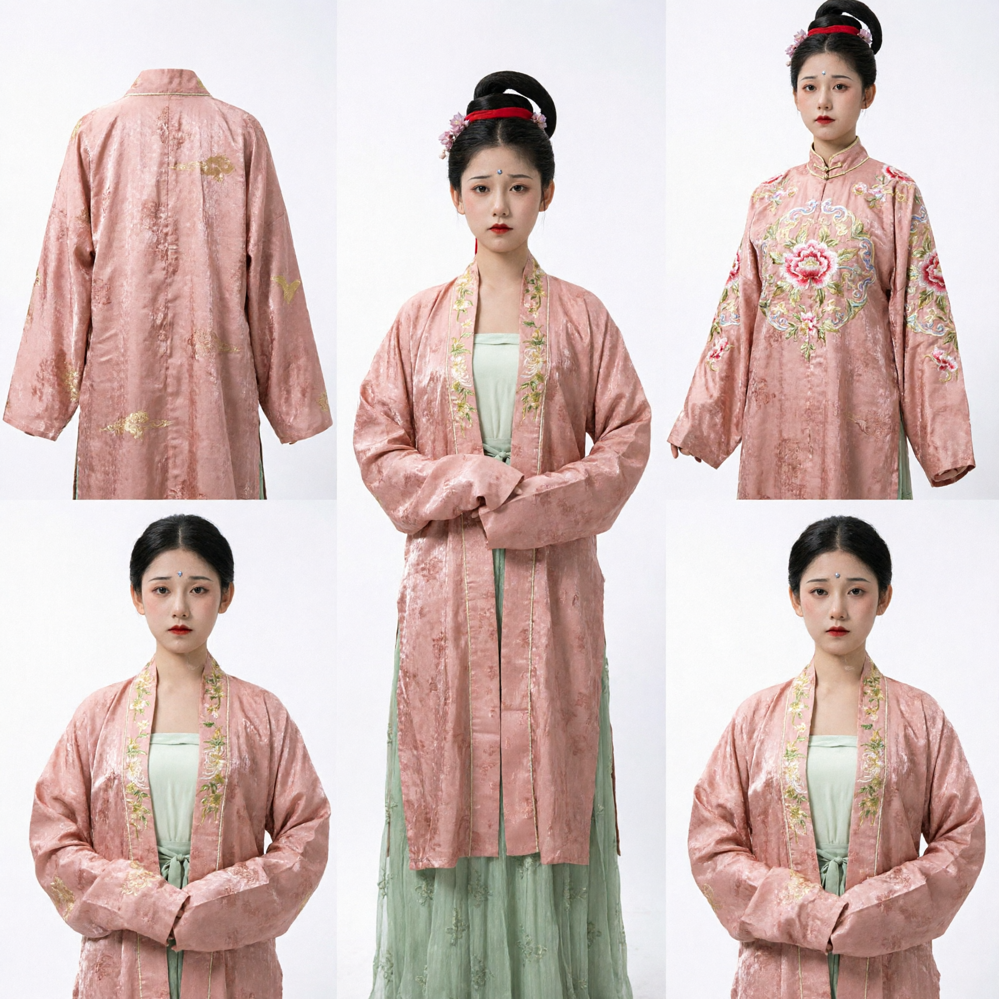 Ensemble Hanfu de la Dynastie Song Traditionnel Chinois : Robe Beizi Brodée de Fleurs Roses et Juche Verte pour Femmes - Asian Costume