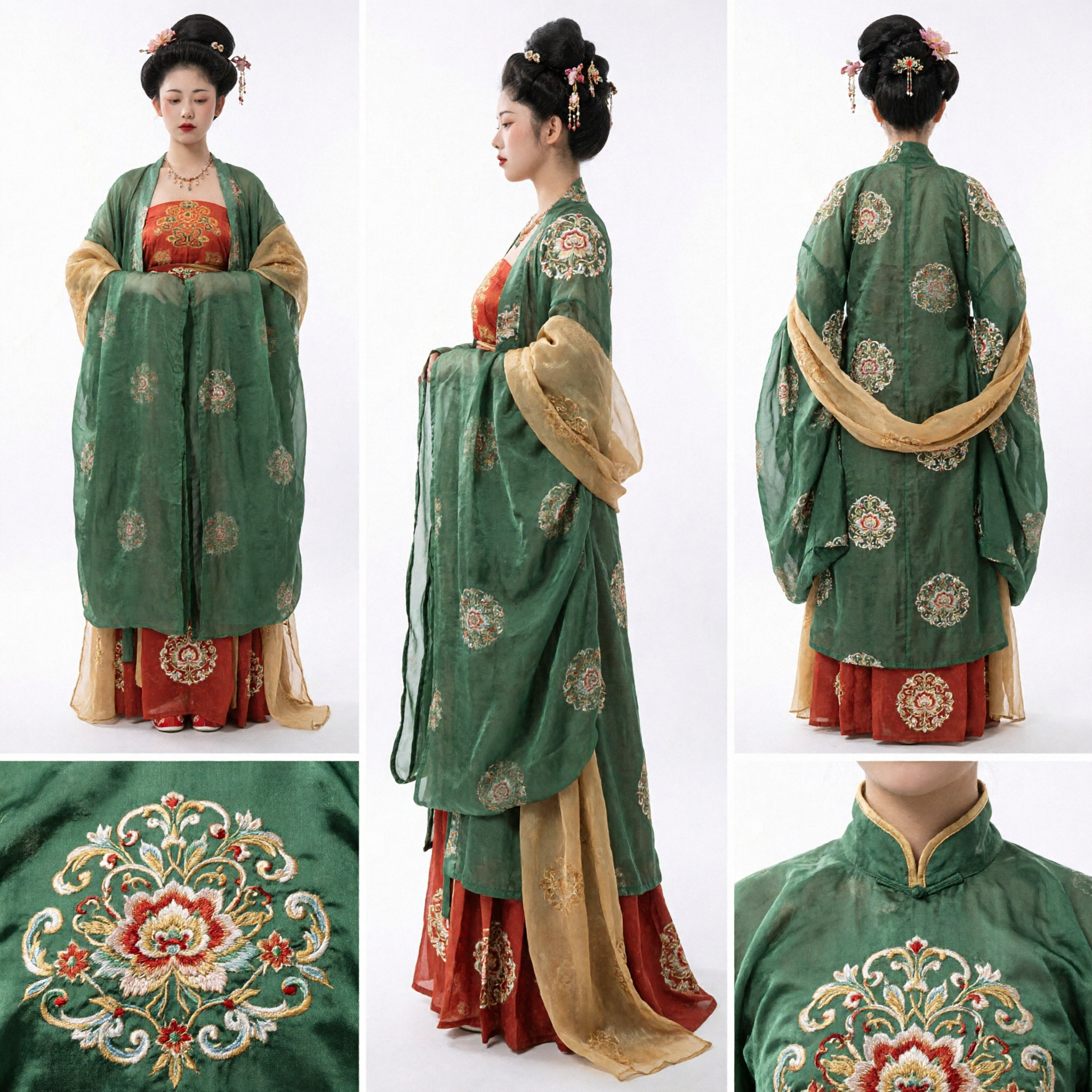 伝統唐王朝緑色漢服（Hanfu）コスチューム 古代中国宮廷婦人刺繍ドレス 女性用歴史コスプレ - Asian Costume