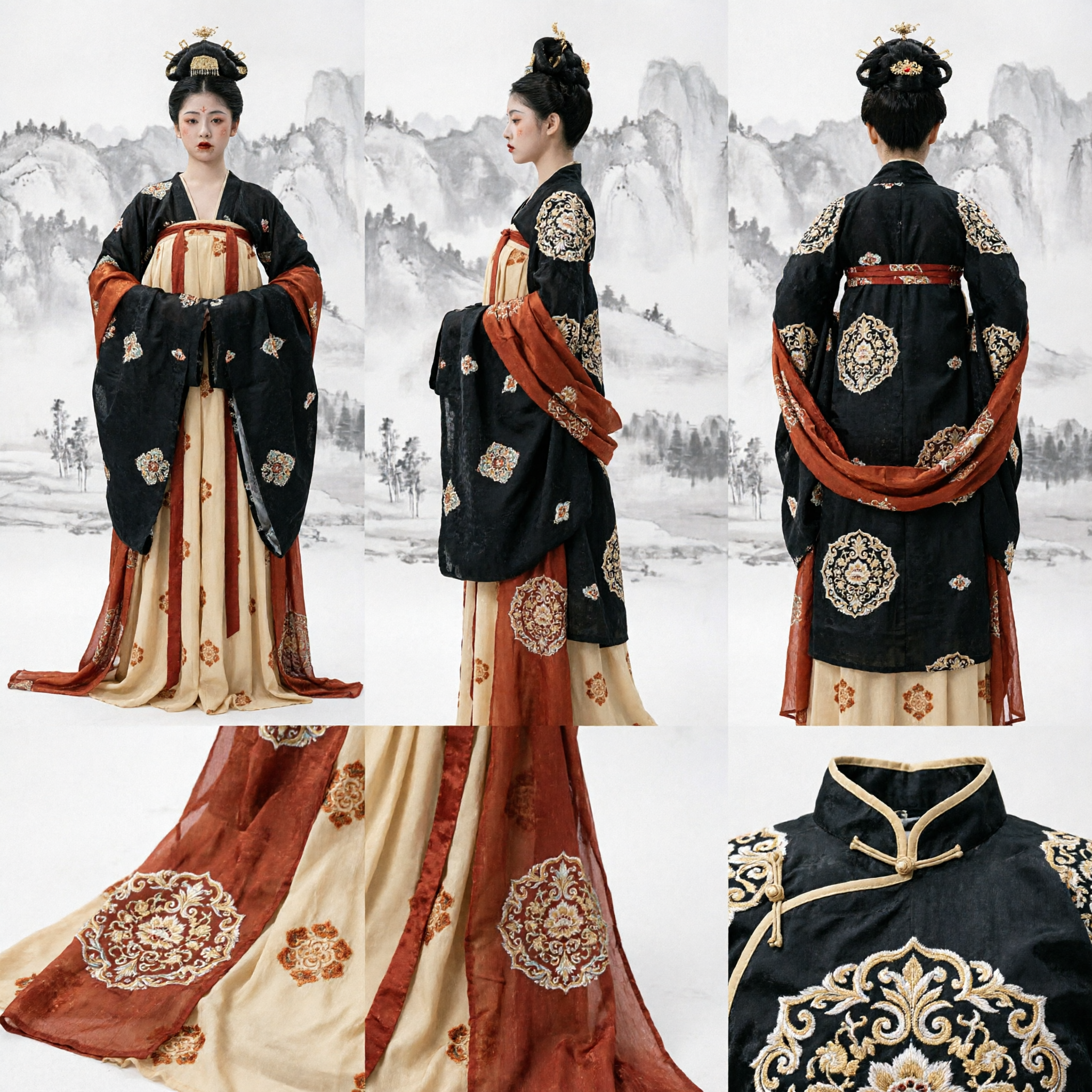 Costume Hanfu de la Dynastie Tang Traditionnel Chinois pour Femmes, Ensemble de Robe Ancienne de Dame du Palais Noire et Beige - Asian Costume