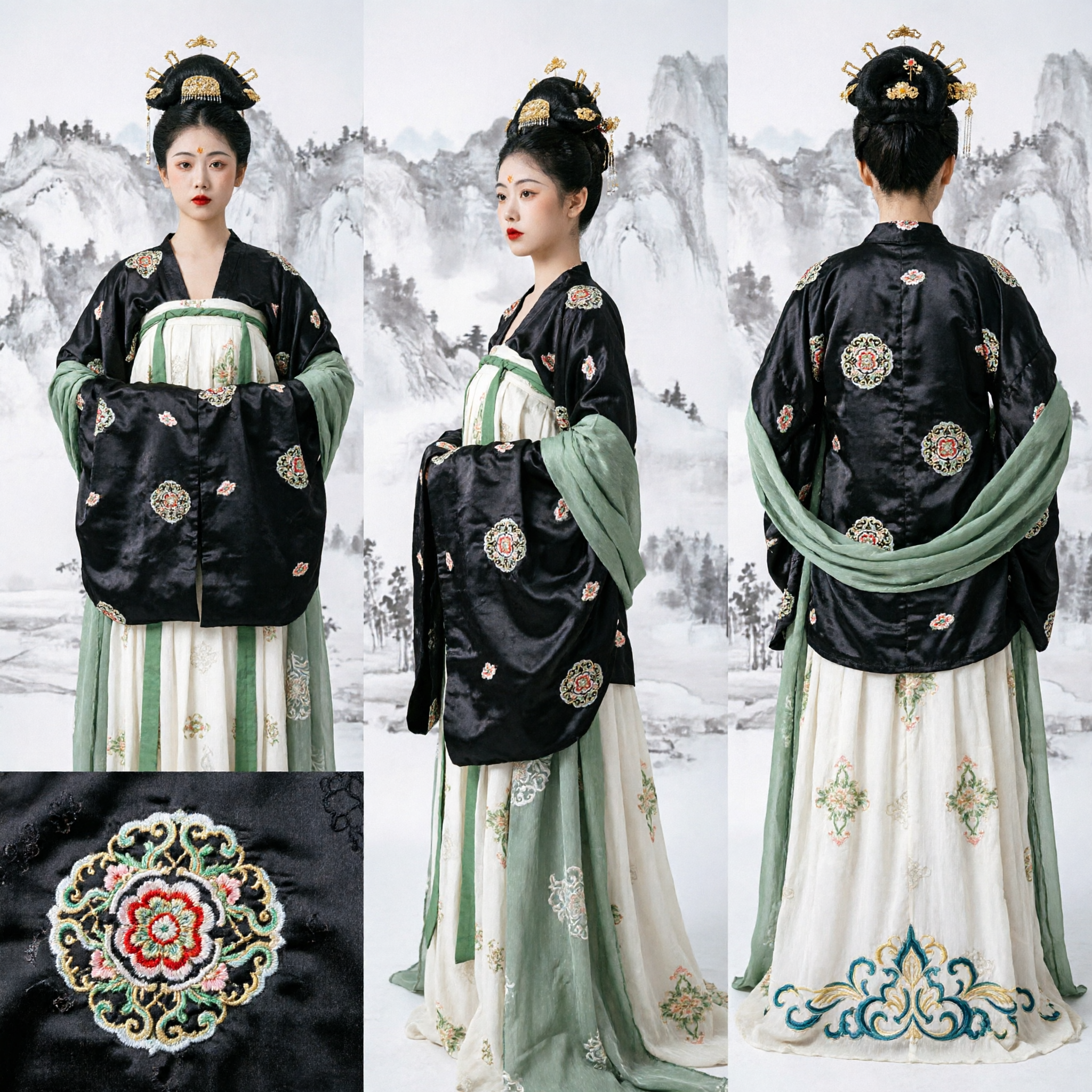 Elegancki strój Hanfu z dynastii Tang dla Kobiet, Czarna Kwiatowo Haftowana Suknia Dworska, Tradycyjne Chińskie Ubranie - Asian Costume