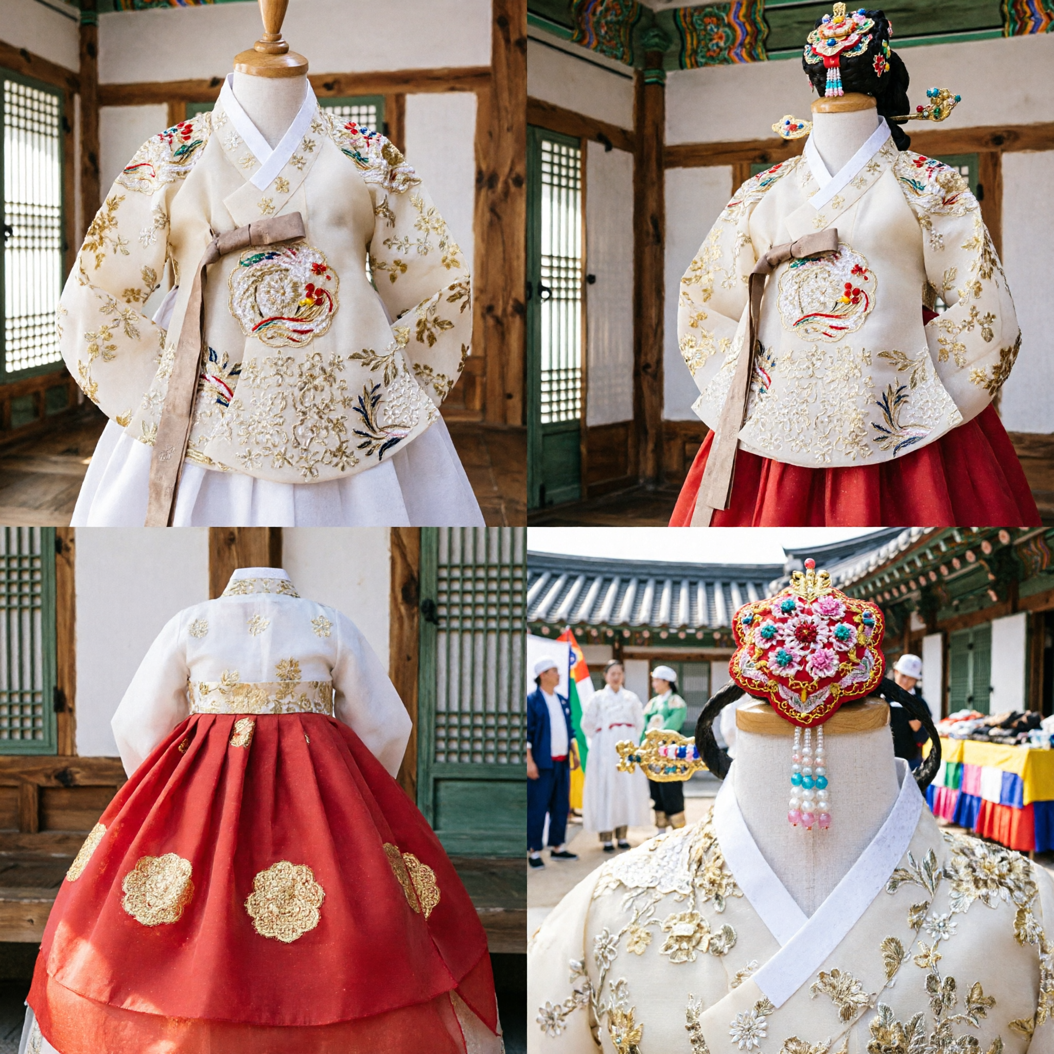 Traditioneel Koreaans Hanbok Kostuum voor Meisjes Crème Goud Geborduurde Jeogori en Rode Chima voor Trouw Feestdag - Asian Costume