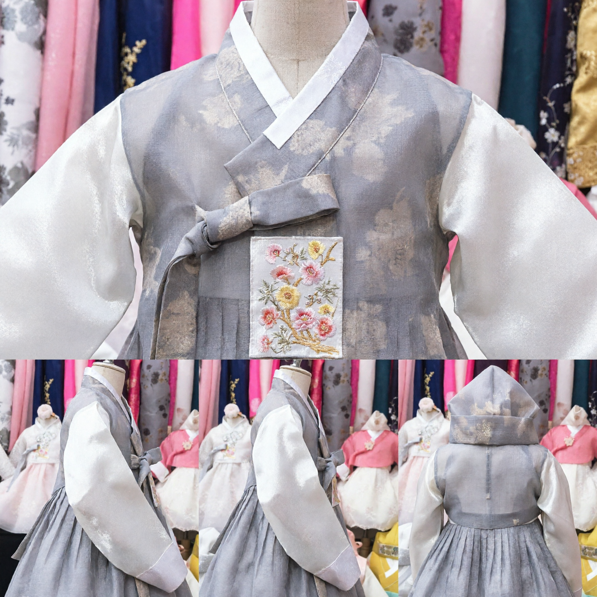 Hanbok Coreano Tradicional para Crianças Conjunto Jeogori com Capuz Cinza Floral para Meninos e Meninas Celebração de Festival - Asian Costume