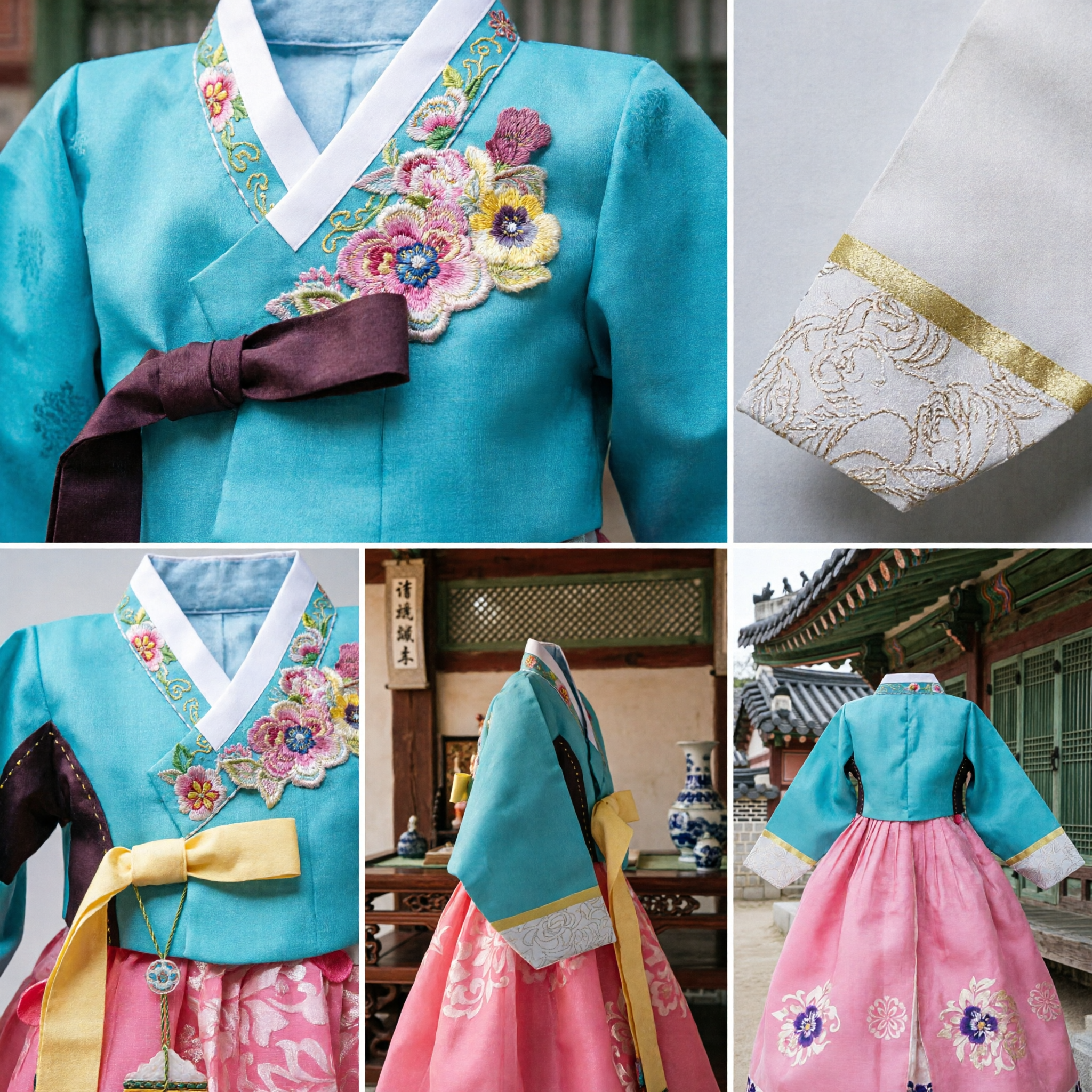 Traditioneel Koreaans Hanbok voor Meisjes Turquoise Jeogori Roze Chima Geborduurd Kostuum voor Kinderen Dol Verjaardag - Asian Costume