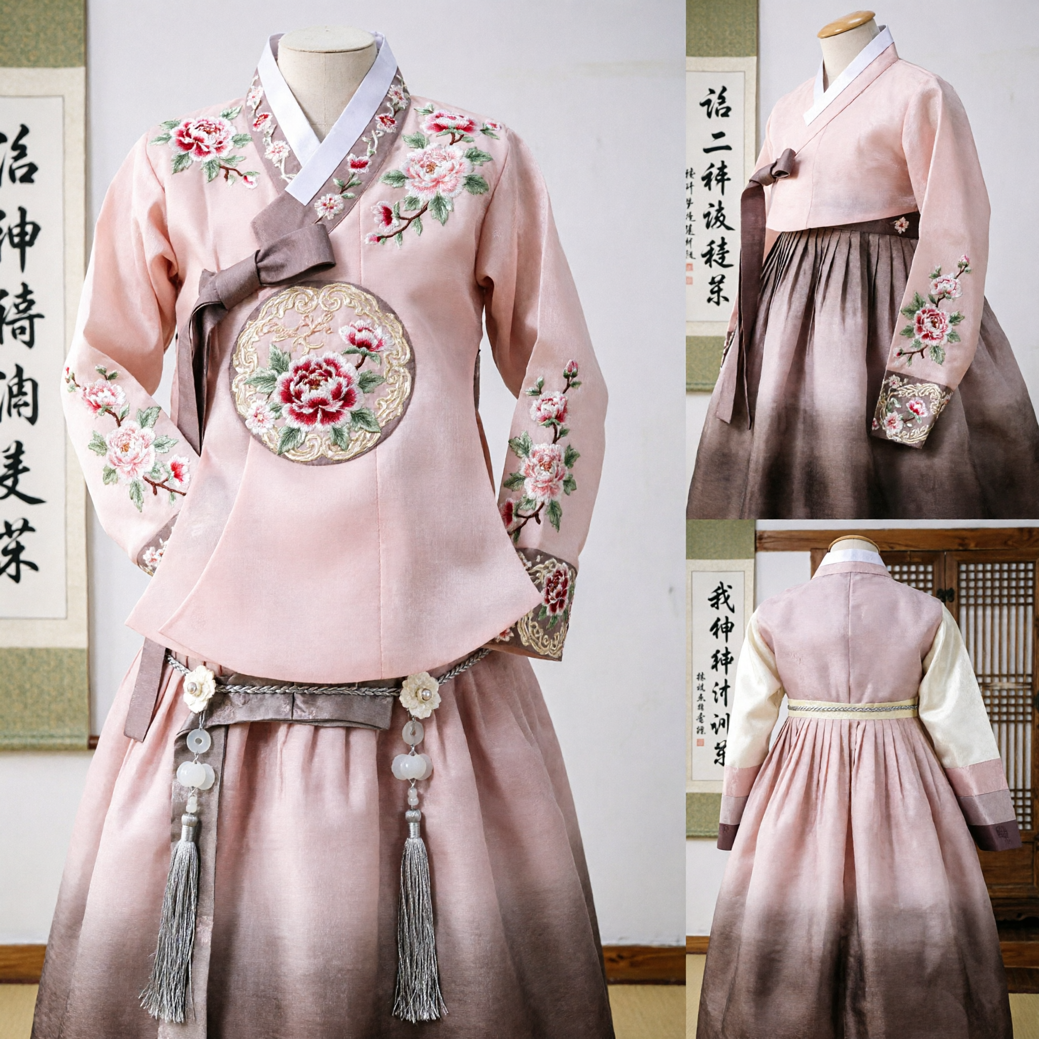 Traditional Korean Hanbok for Kids Pink Floral Satin Boy Girl First Birthday Dol Party Costume - Asian Costume
