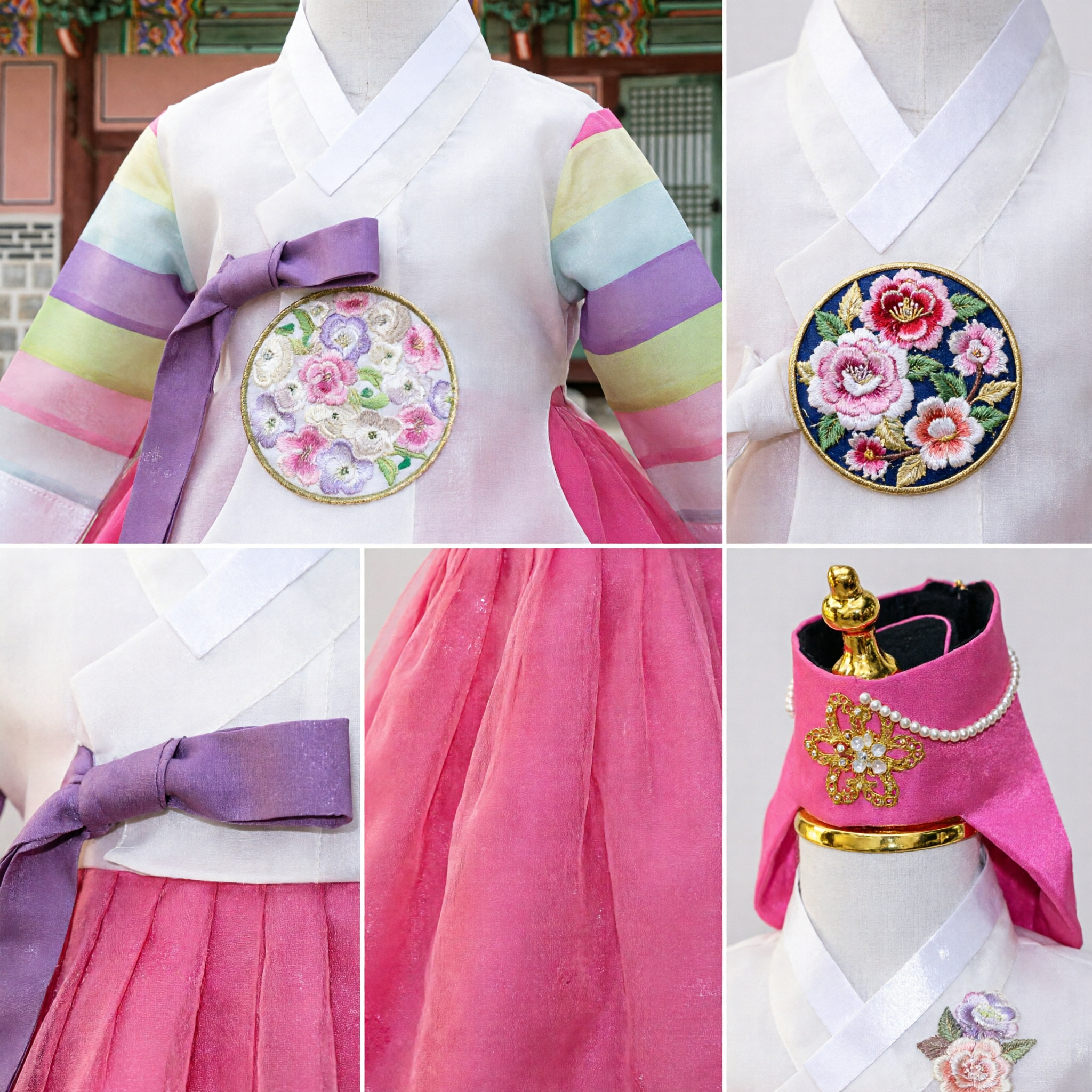 Hanbok Coreano Tradicional para Meninas Crianças Vestido Rosa Mangas Arco-Íris Conjunto de Traje de Primeiro Aniversário Doljanchi - Asian Costume