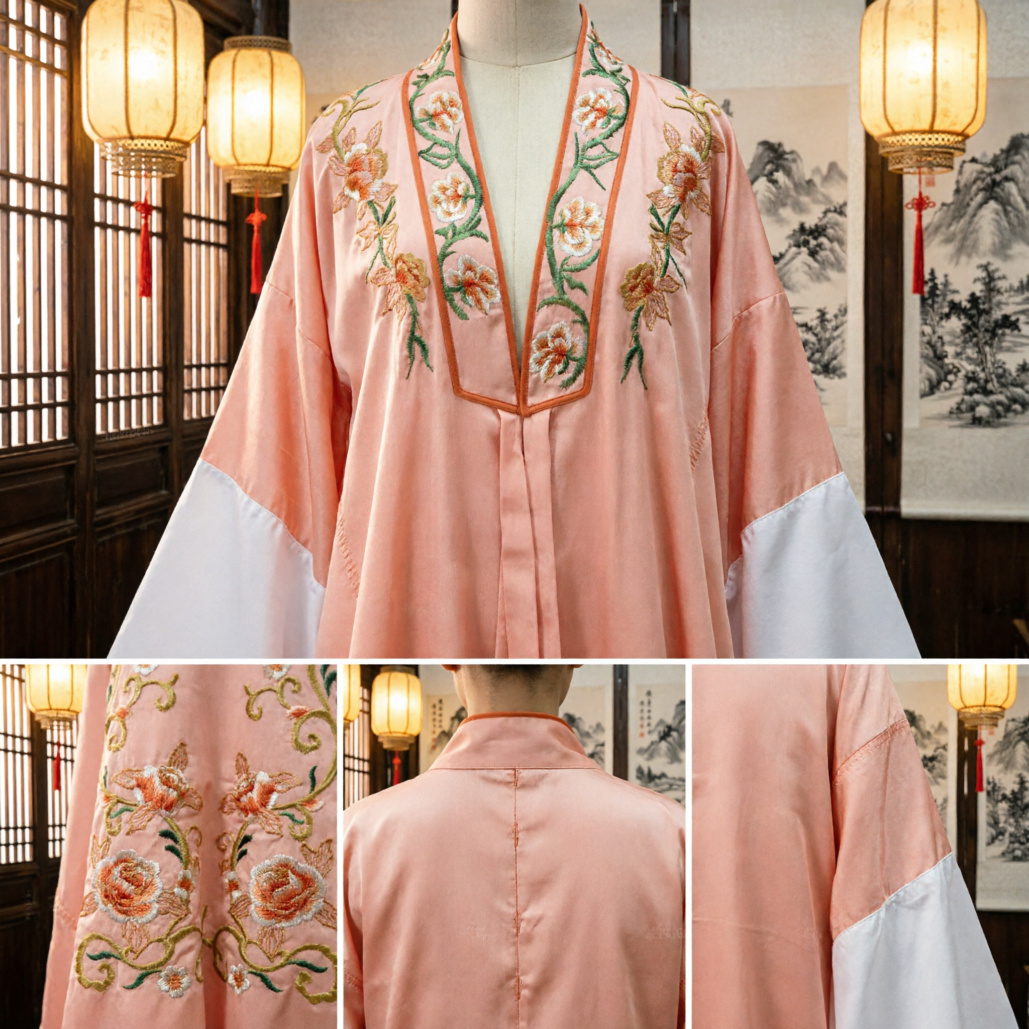 伝統的中国京劇衣装 桃色刺繍ローブ 古代学者服 舞台公演用 - Asian Costume
