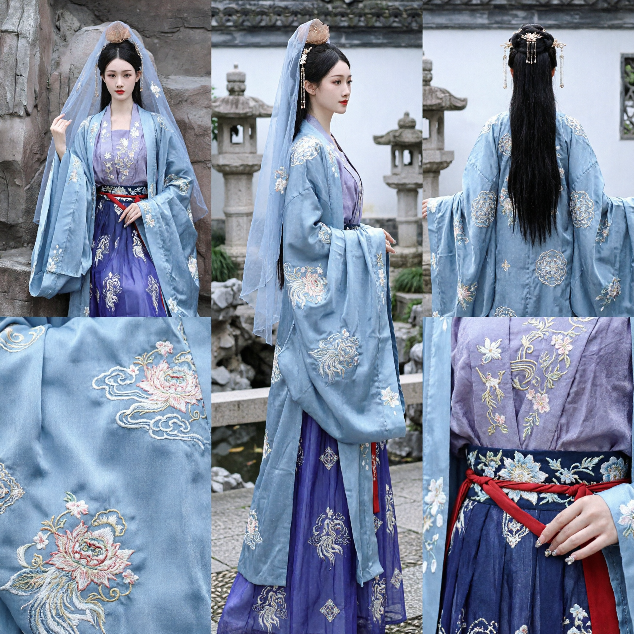 伝統的中国漢服 青古代姫君衣装 優雅な仙女ドレス（ベール付き）女性用 - Asian Costume