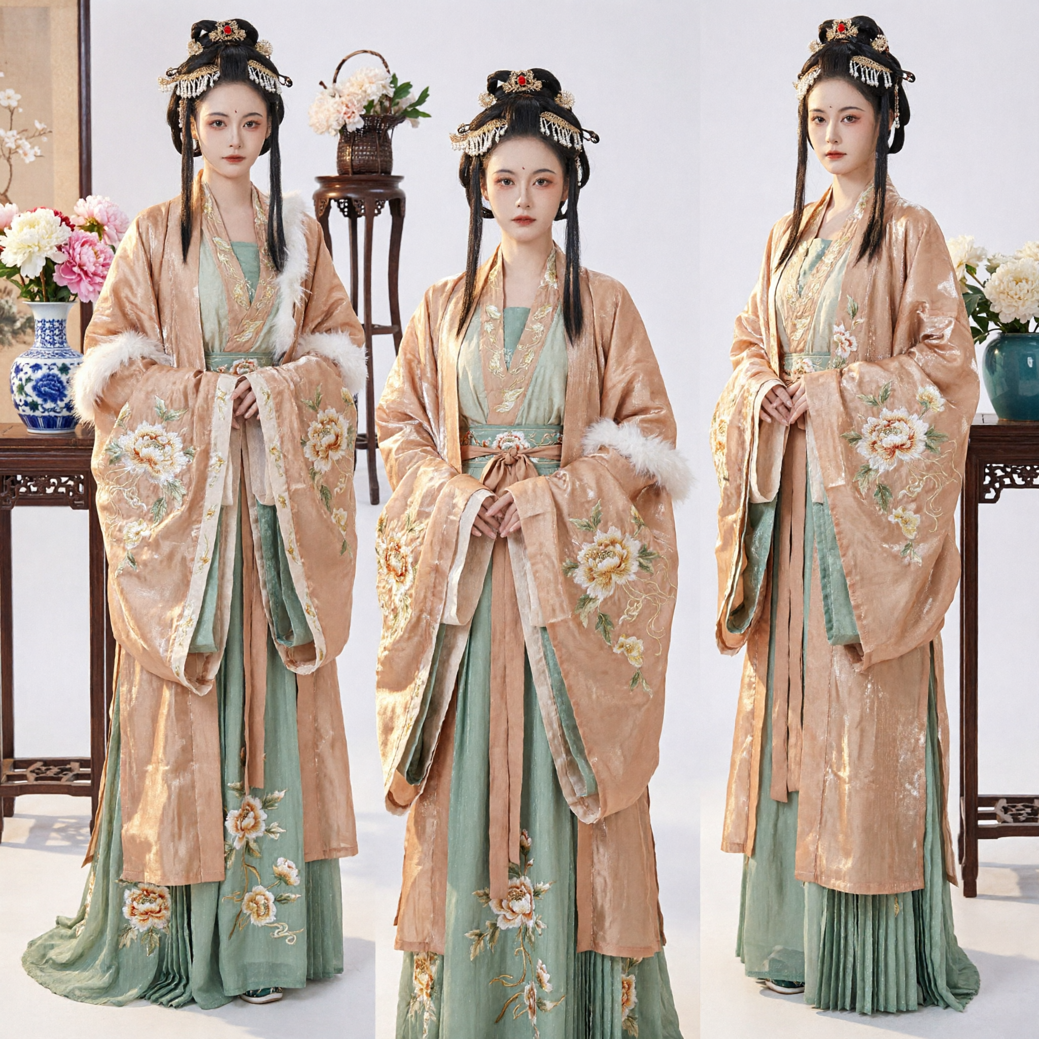 Costume Hanfu traditionnel chinois de noble dame de la dynastie Tang, robe dorée brodée avec bordure en fourrure pour femmes - Asian Costume