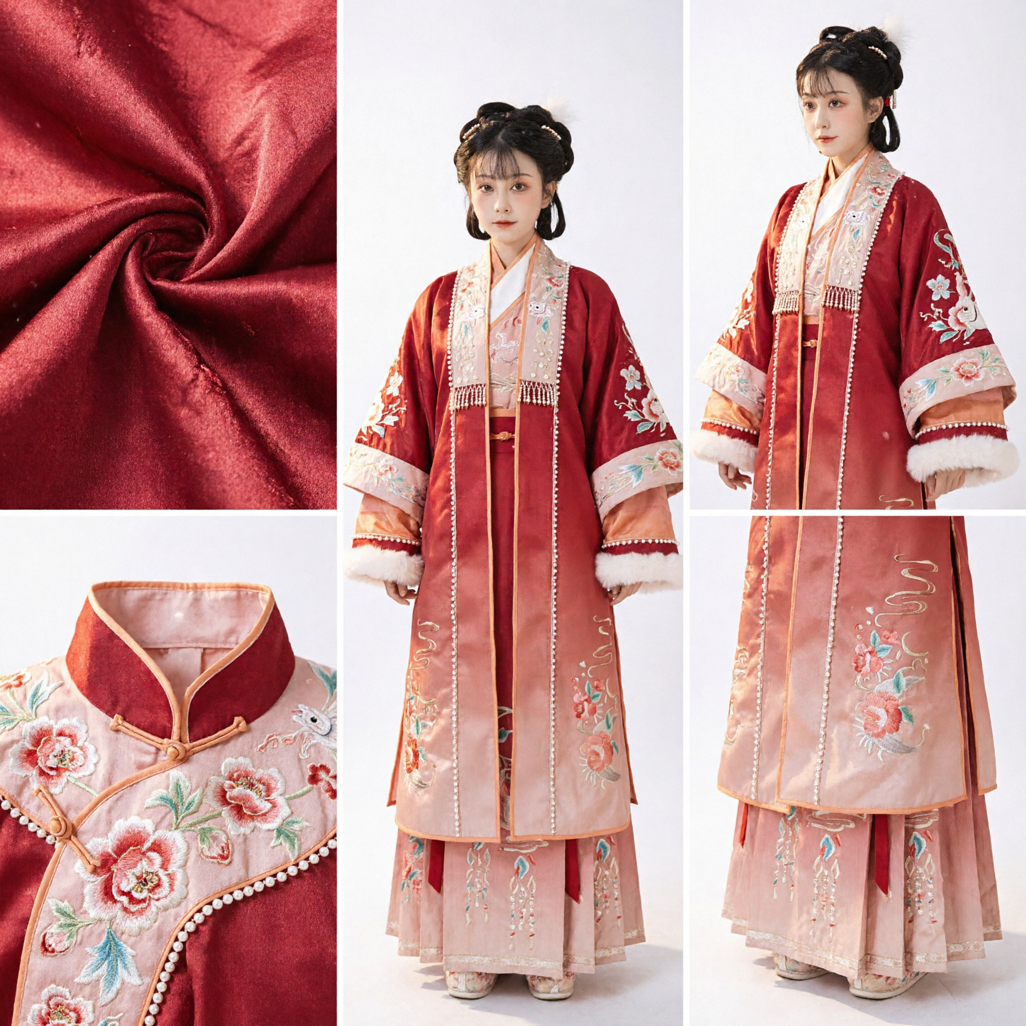 Hanfu traditionnel chinois de la dynastie Ming - Manteau et jupe d'hiver rouge avec garniture en fourrure et broderie pour femmes - Nouvel An - Asian Costume