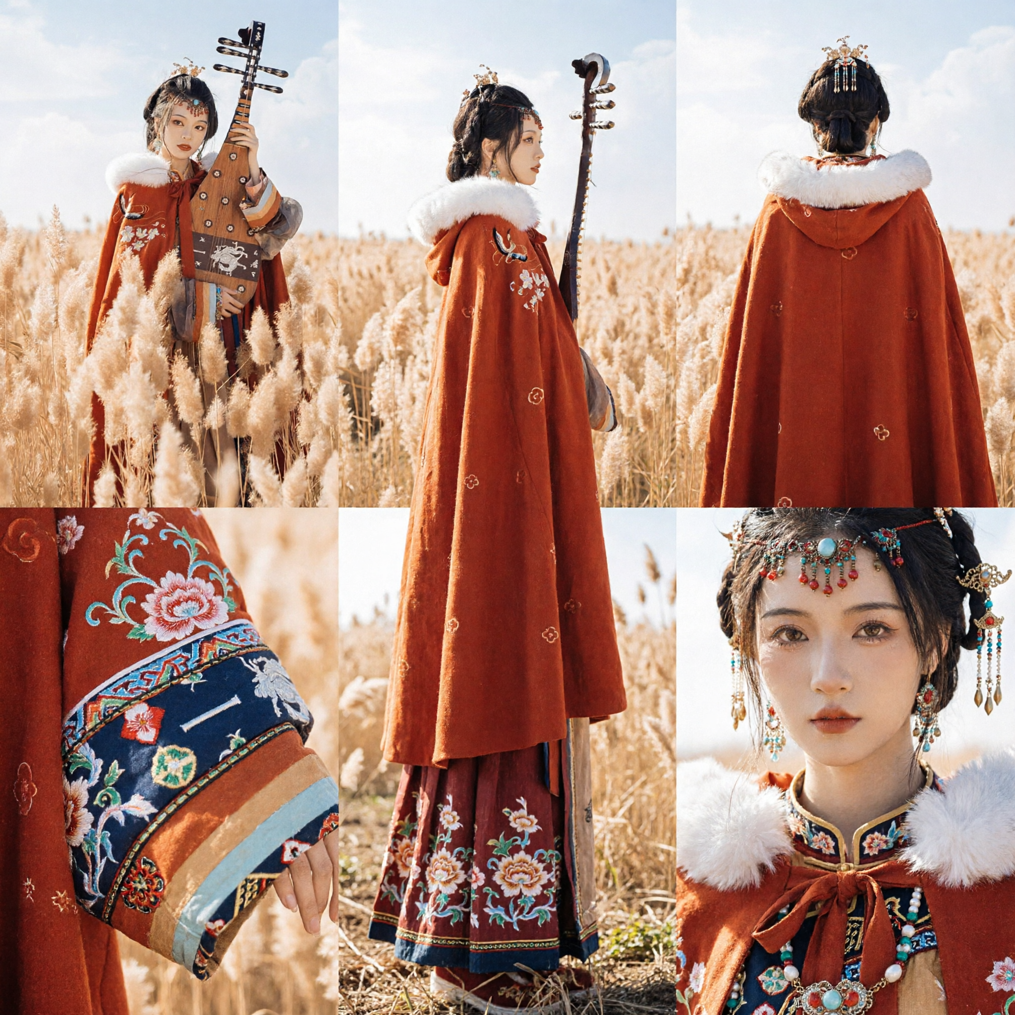 Mantello invernale Hanfu tradizionale cinese con bordi in pelliccia bianca e ricami, costume antico per fotografia - Asian Costume