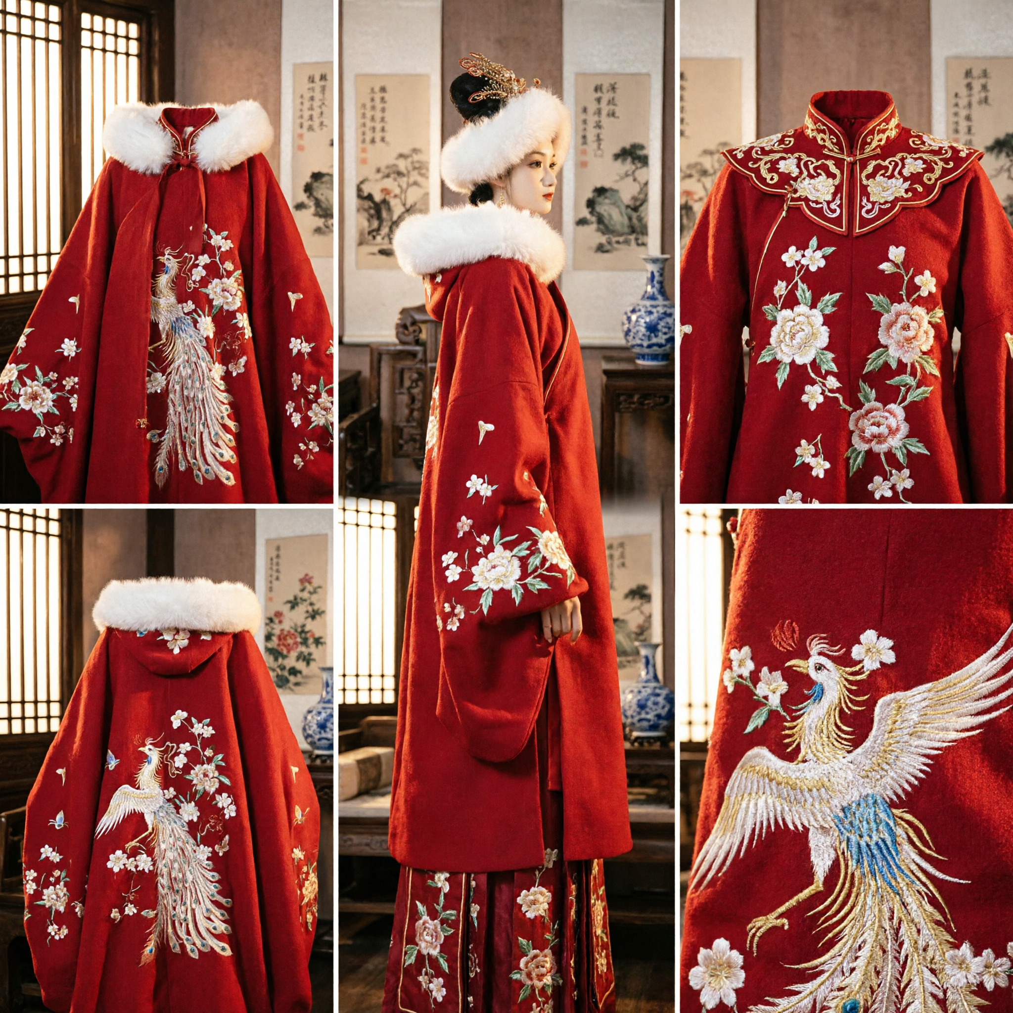 Manteau d'hiver Hanfu rouge traditionnel chinois avec garniture en fourrure blanche et broderie de paon - Costume ancien pour femmes - Asian Costume