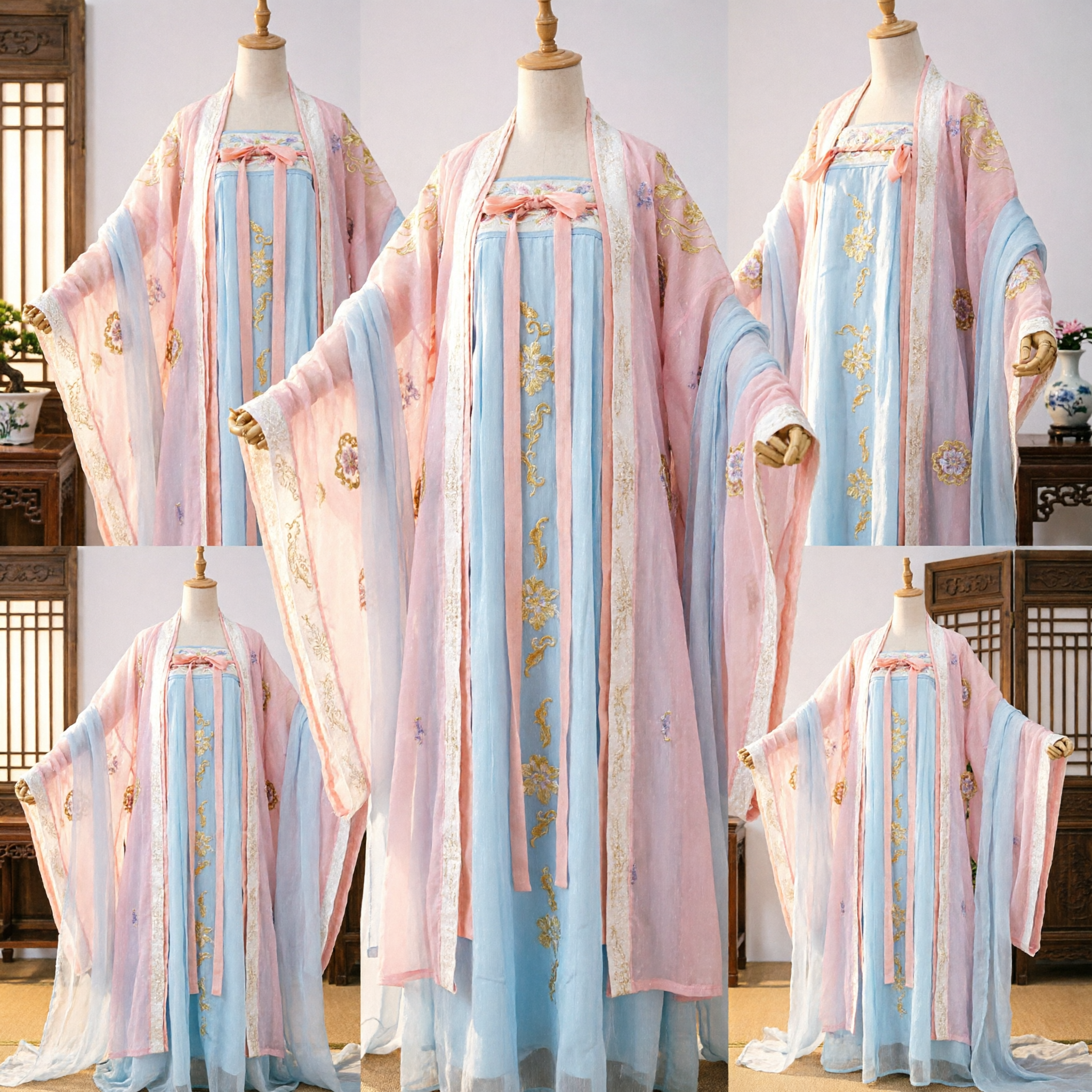 Traditionelles chinesisches Hanfu Antikes Feenkostüm Rosa Durchsichtiges Gewand Blaues besticktes Kleid für Frauen Cosplay - Asian Costume