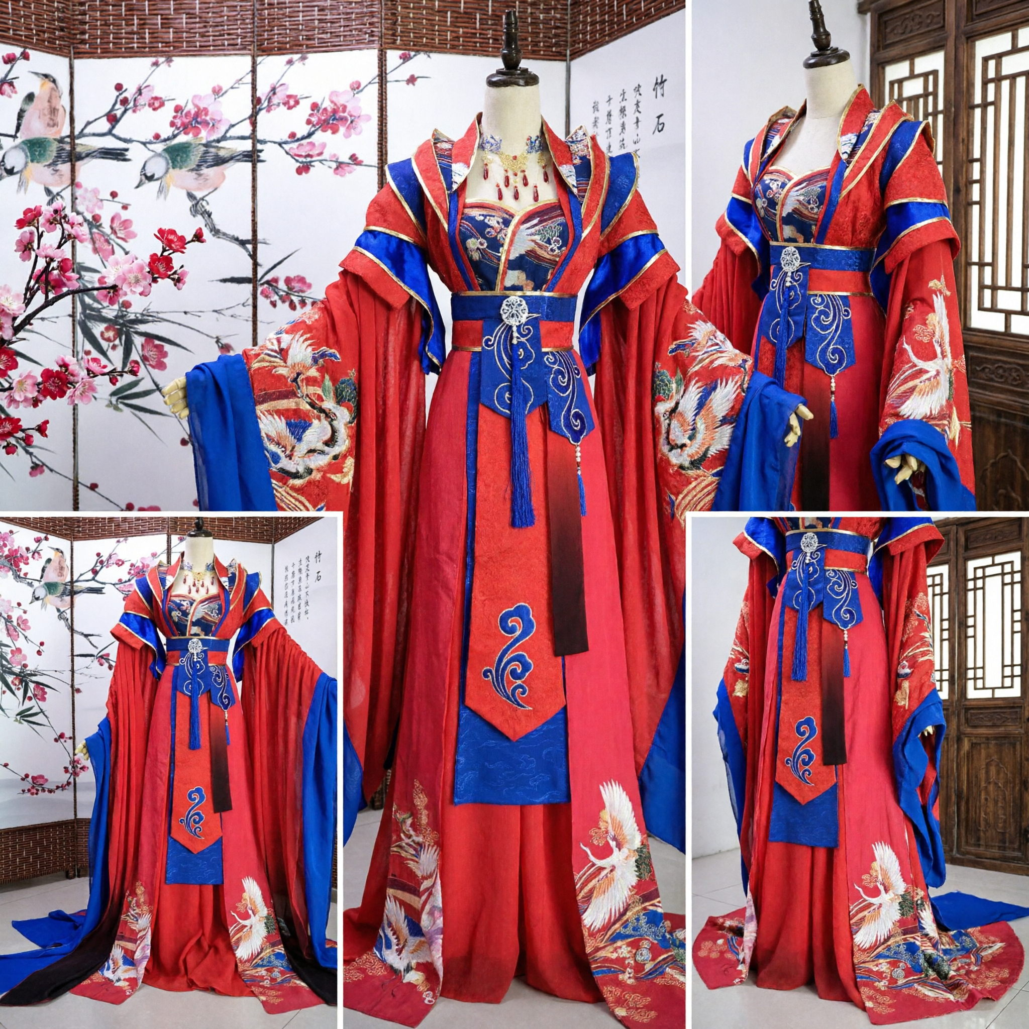 Costume d'impératrice Hanfu de la dynastie Tang traditionnelle chinoise - Robe de princesse ancienne brodée rouge et bleue pour femmes - Asian Costume