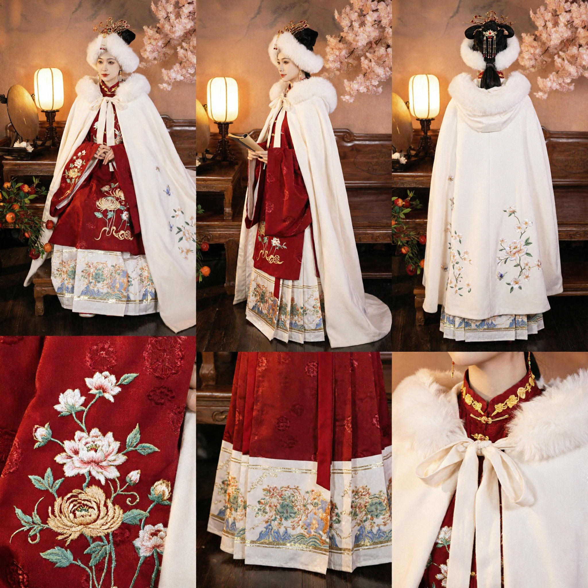 Traditioneller chinesischer Hanfu Wintercape Umhang mit weißem Pelzbesatz und besticktem Rotem Ming-Dynastie-Kleid für Frauen - Asian Costume