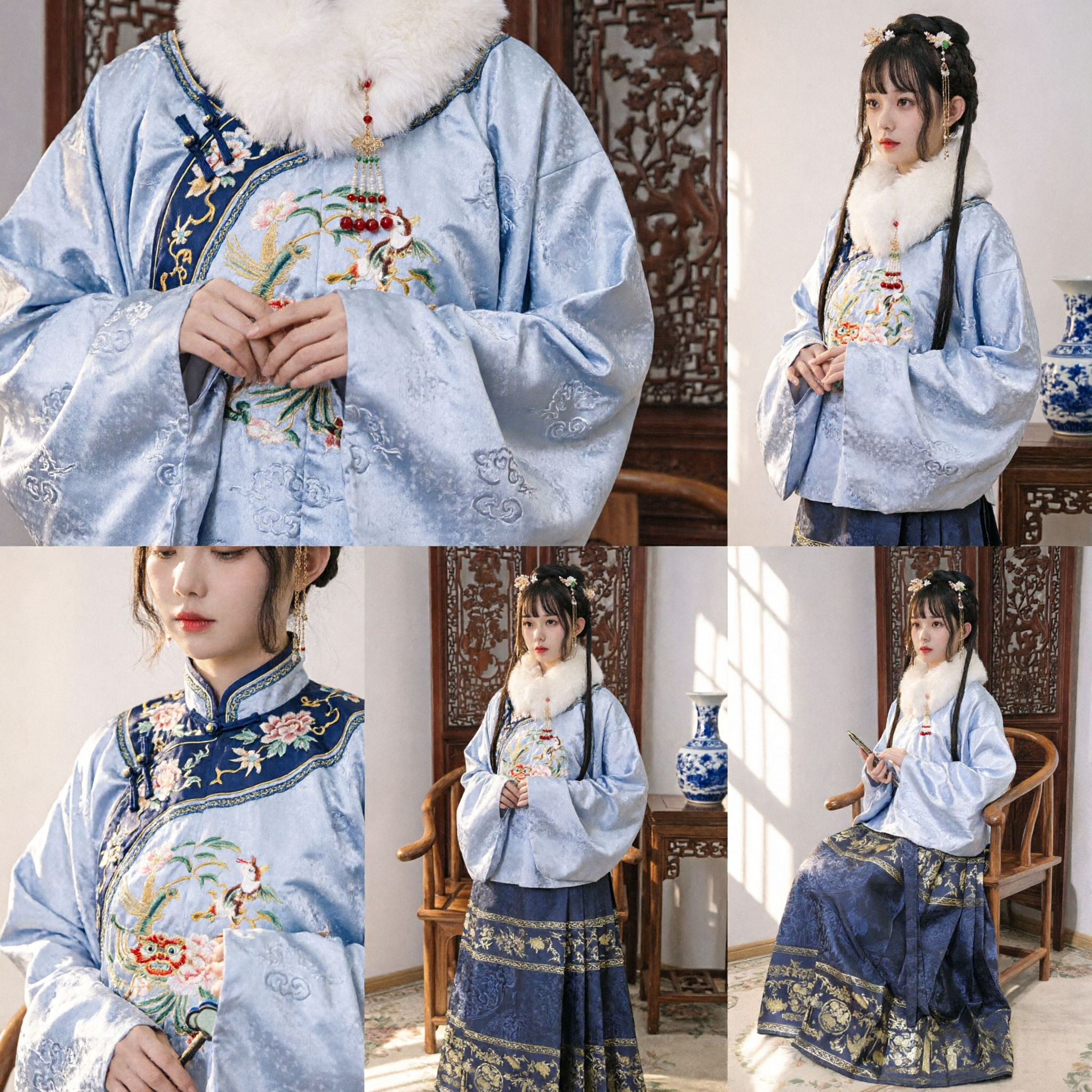 Ensemble Hanfu d'Hiver Traditionnel Chinois pour Femmes Veste Ming à Col en Fourrure Bleue et Jupe Mamianqun Brodée d'Or - Asian Costume