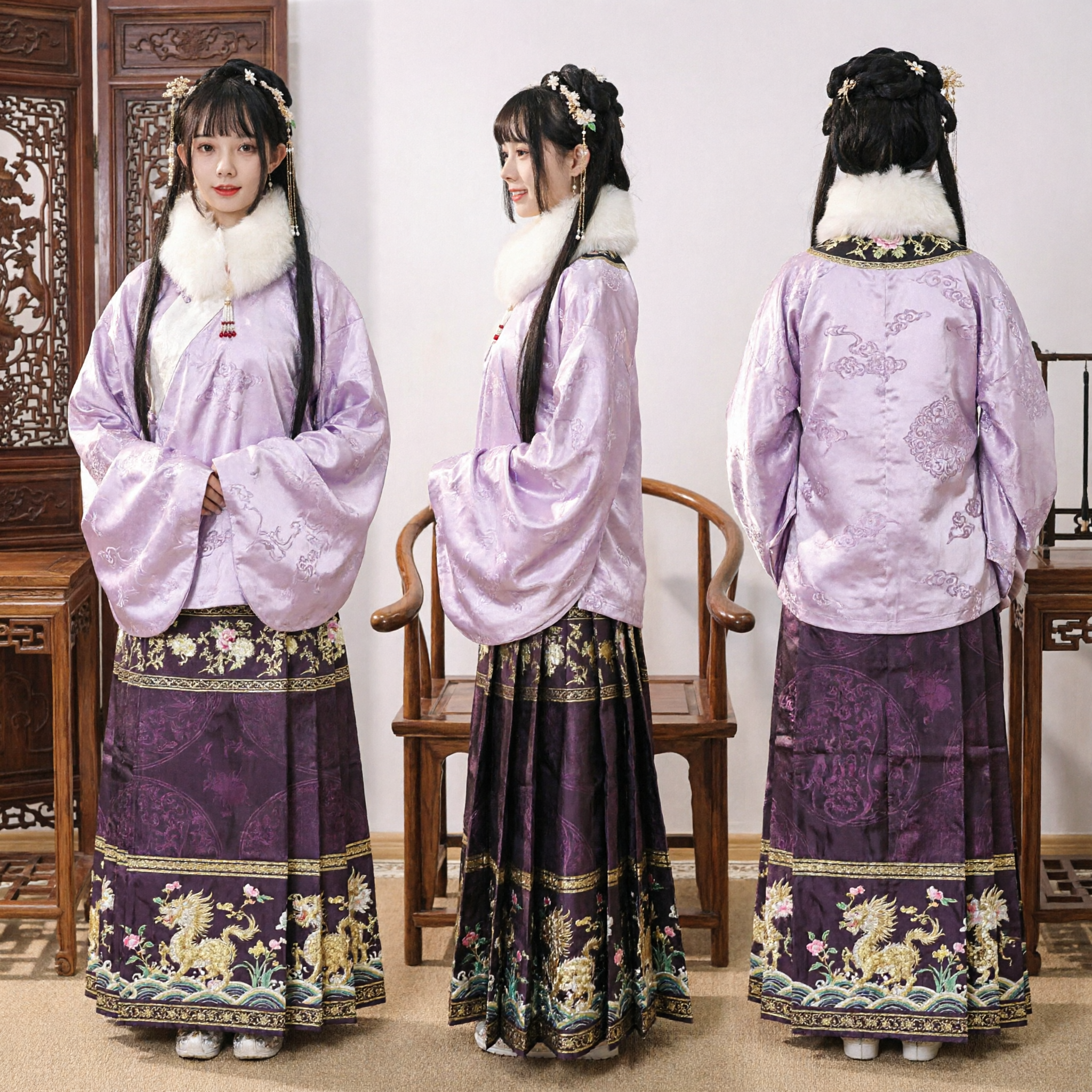Traditioneel Chinees Ming Dynastie Hanfu Kostuum Paarse Bontkraag Jas en Goud Geborduurde Rok Set voor Vrouwen - Asian Costume