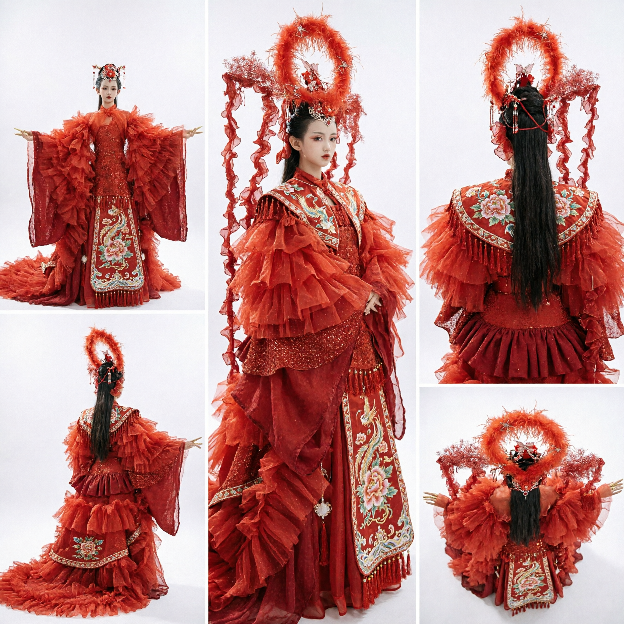 زي مسرحي تقليدي صيني أحمر مع طائر الفينيق للفتيات مع إكليل رأس فاخر للعروض الراقصة - Asian Costume