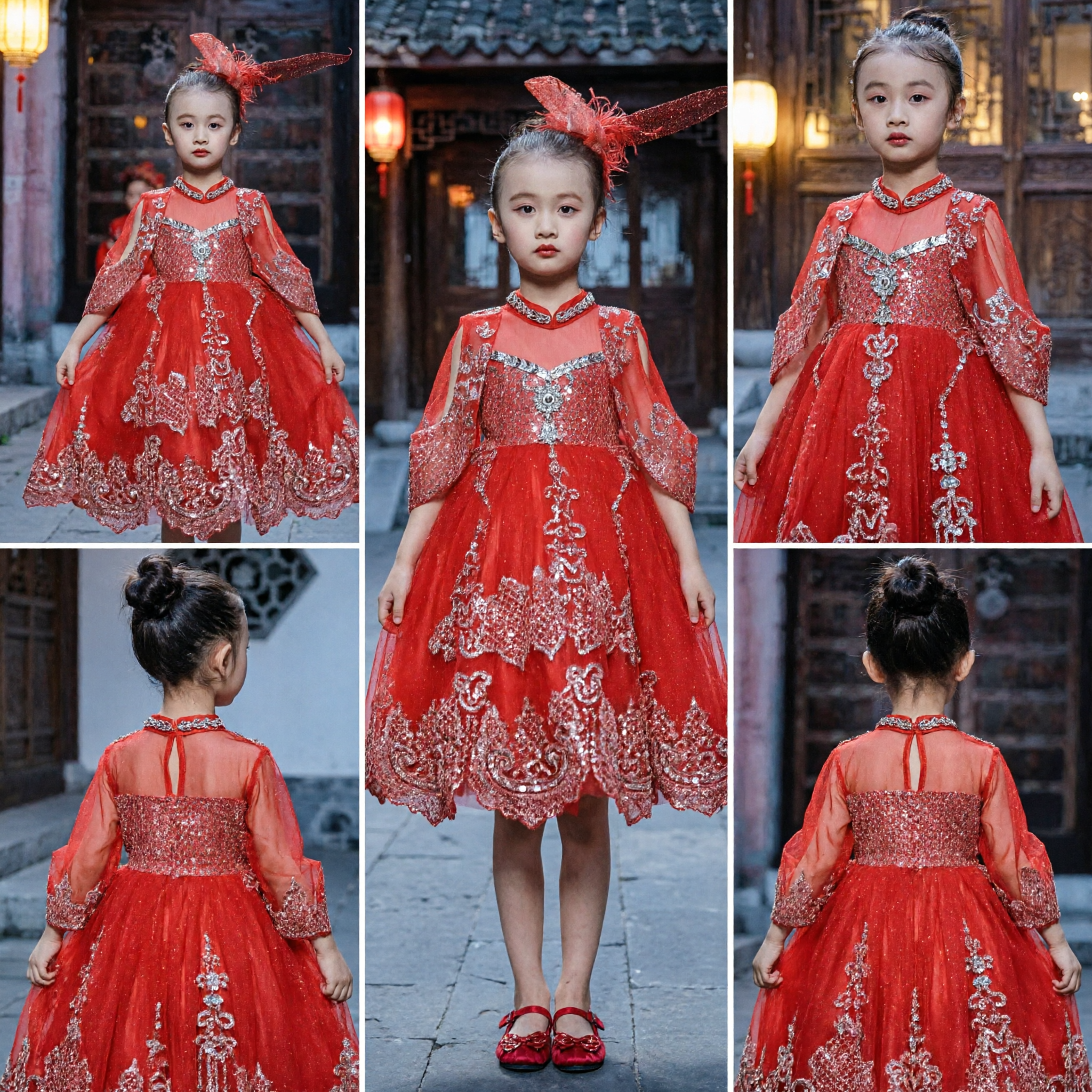 Kinder Mädchen rotes traditionelles chinesisches Cheongsam-Kleid mit Silberstickerei und Fascinator für Hochzeitsaufführungen - Asian Costume