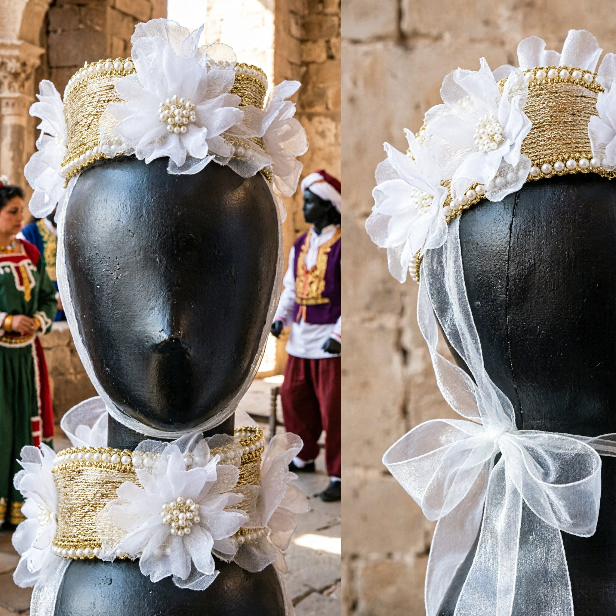 Tiara Elegante Branca com Flores e Detalhes de Pérolas e Longas Fitas Transparentes para Traje de Noiva de Casamento - Asian Costume